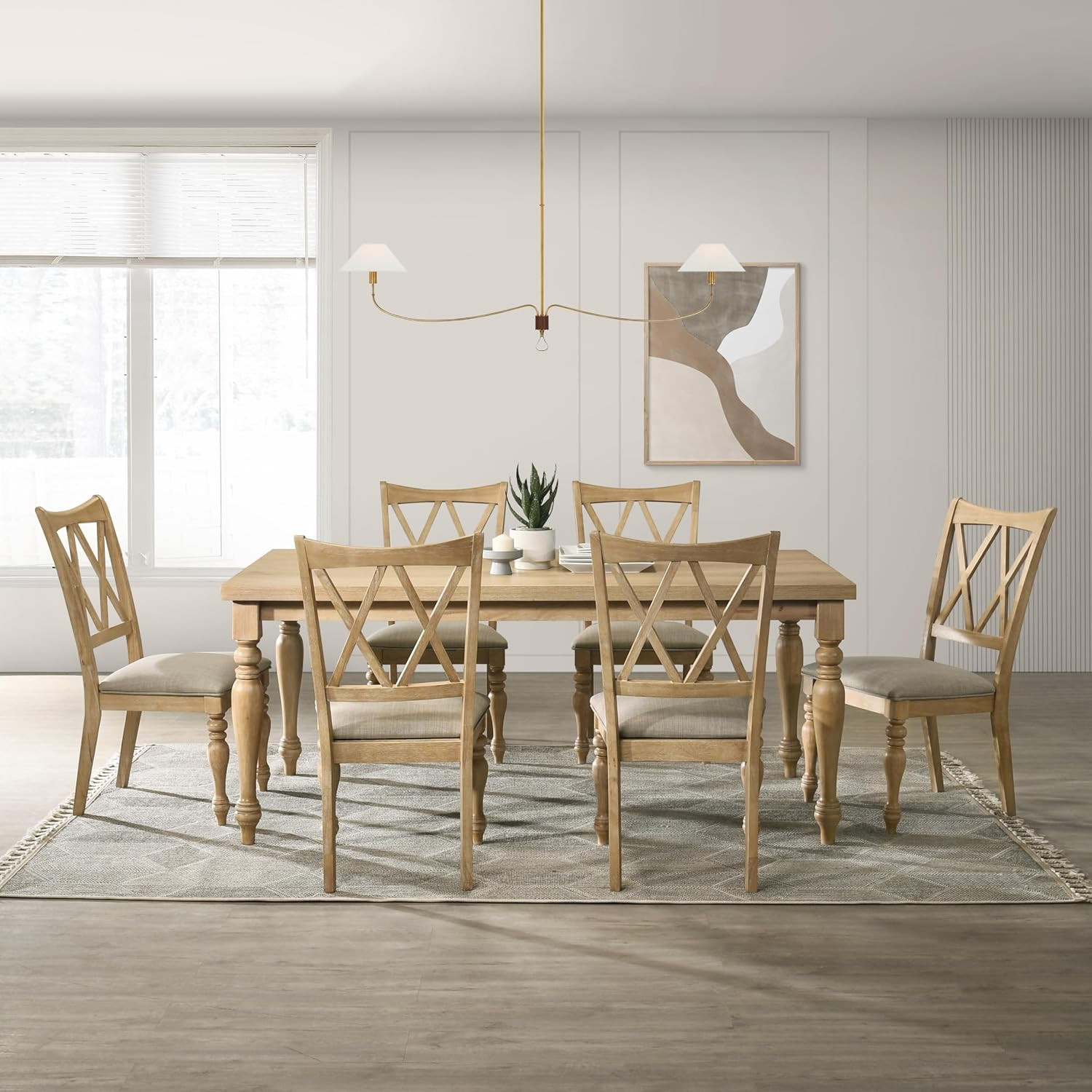 Verta 7-Piece Dining Table with 6 Cross Back Dining Chairs, Light Oak Finish