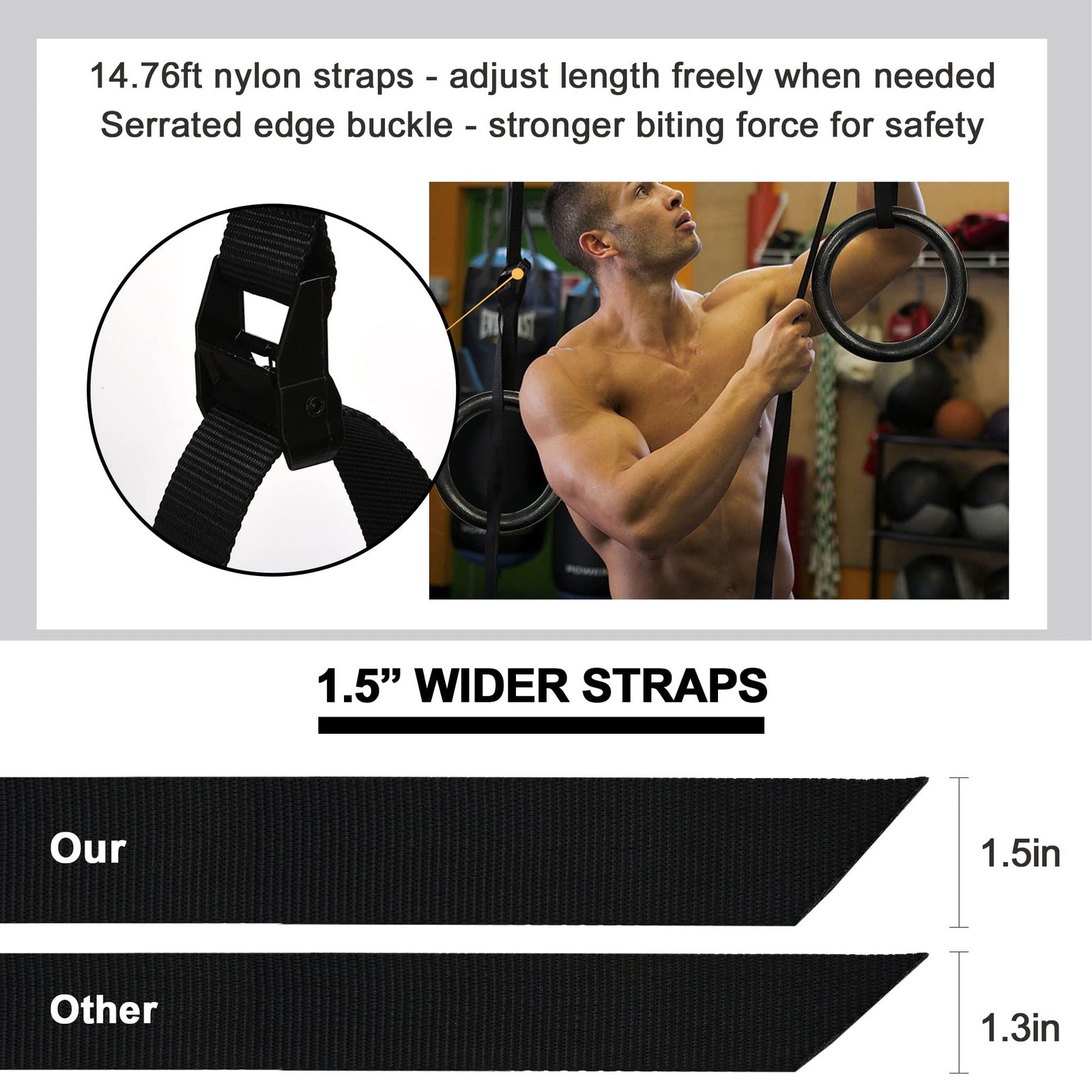 Gymnastic Rings 1100lbs 14.76ft Adjustable Buckle Straps Pull Up Exercise Set