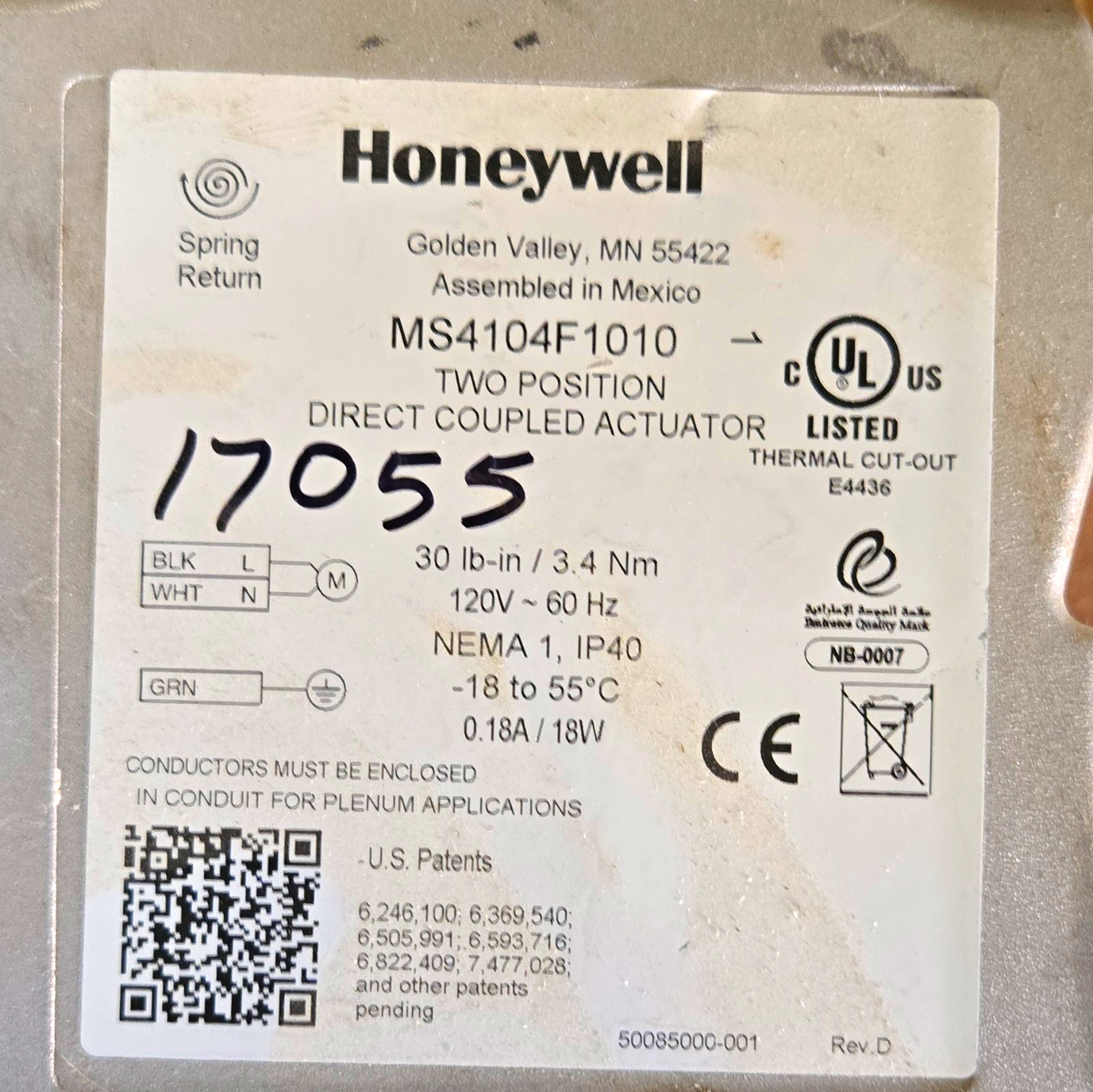 Honeywell MS4104F1010 Spring Return Damper Actuator Direct Mount 120V