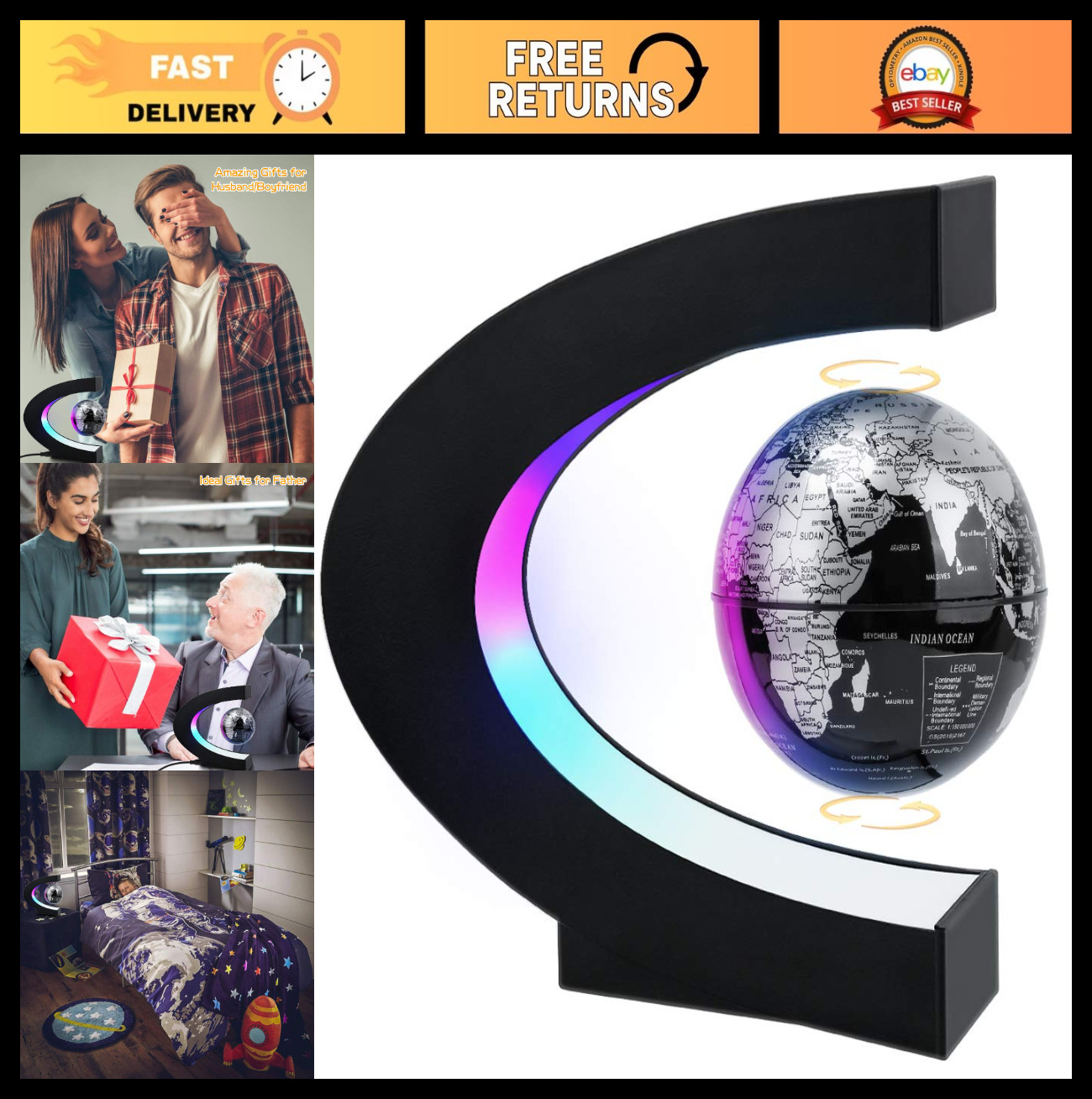 Magnetic Levitating Globe with LED Light - Cool Tech Gift for Men, Kids & Office
