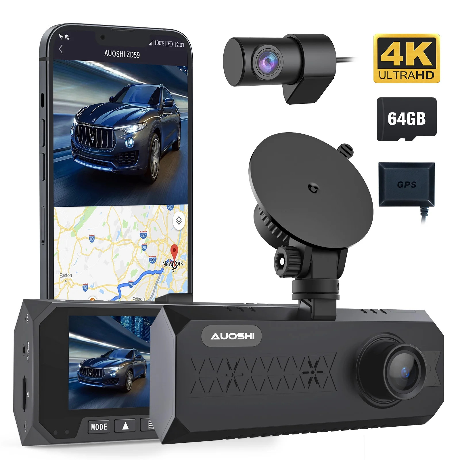 Auoshi ZD59 3 Channel 4K/2.5K & 1080P Dual Dash Cam W/Wi-Fi GPS & 64GB SD Card