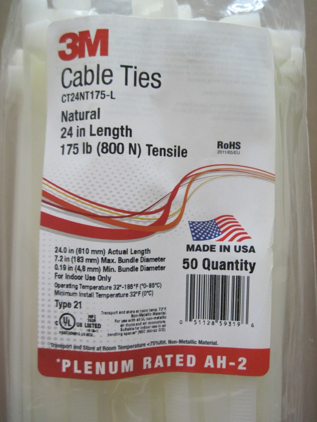 3M CT24NT175-L Natural Cable Ties 24in Length(2ft) 175lbs (800) Tensile 50 Pack
