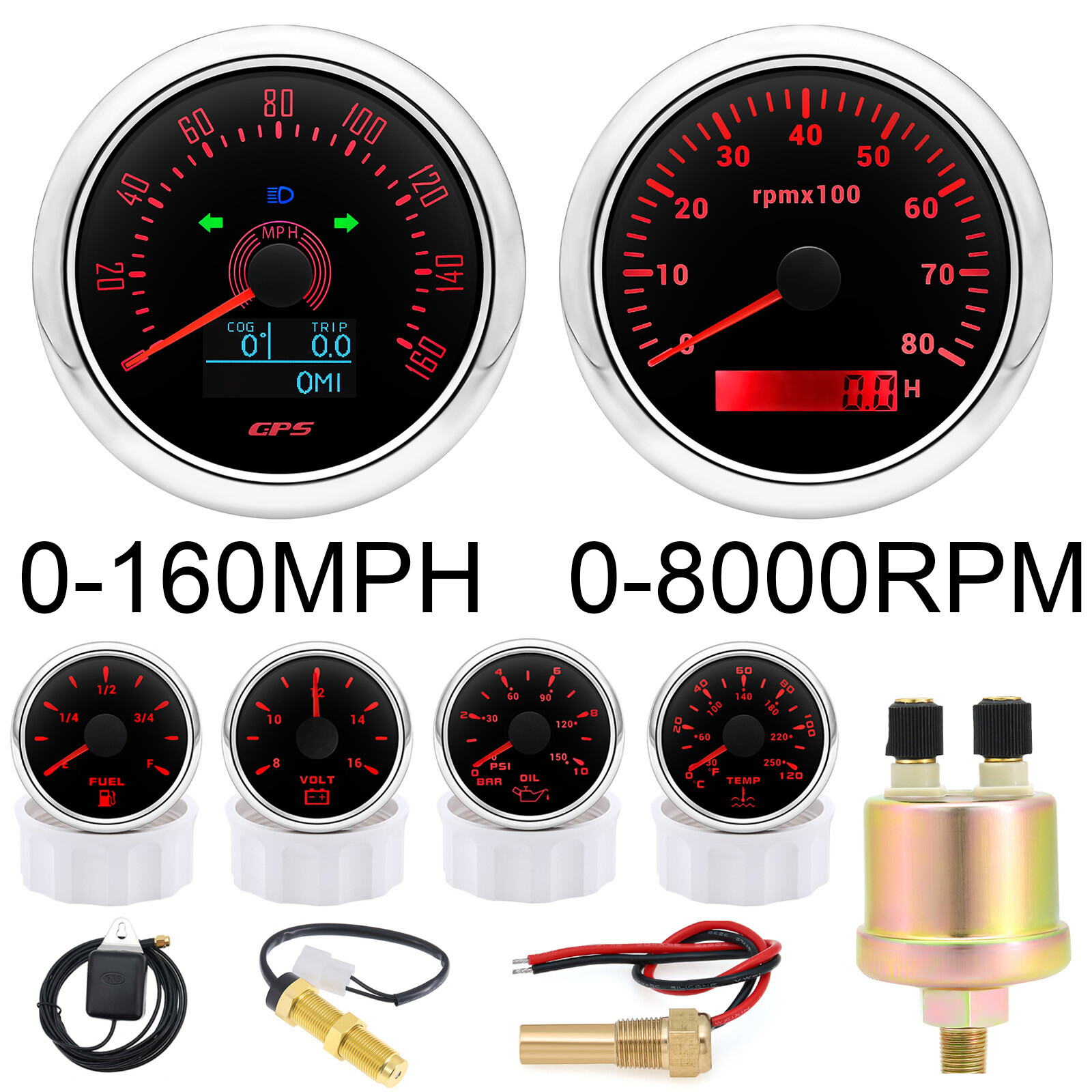 6 Gauge Set 85mm GPS Speedometer 160MPH Tachometer 8000RPM With Senders for Boat