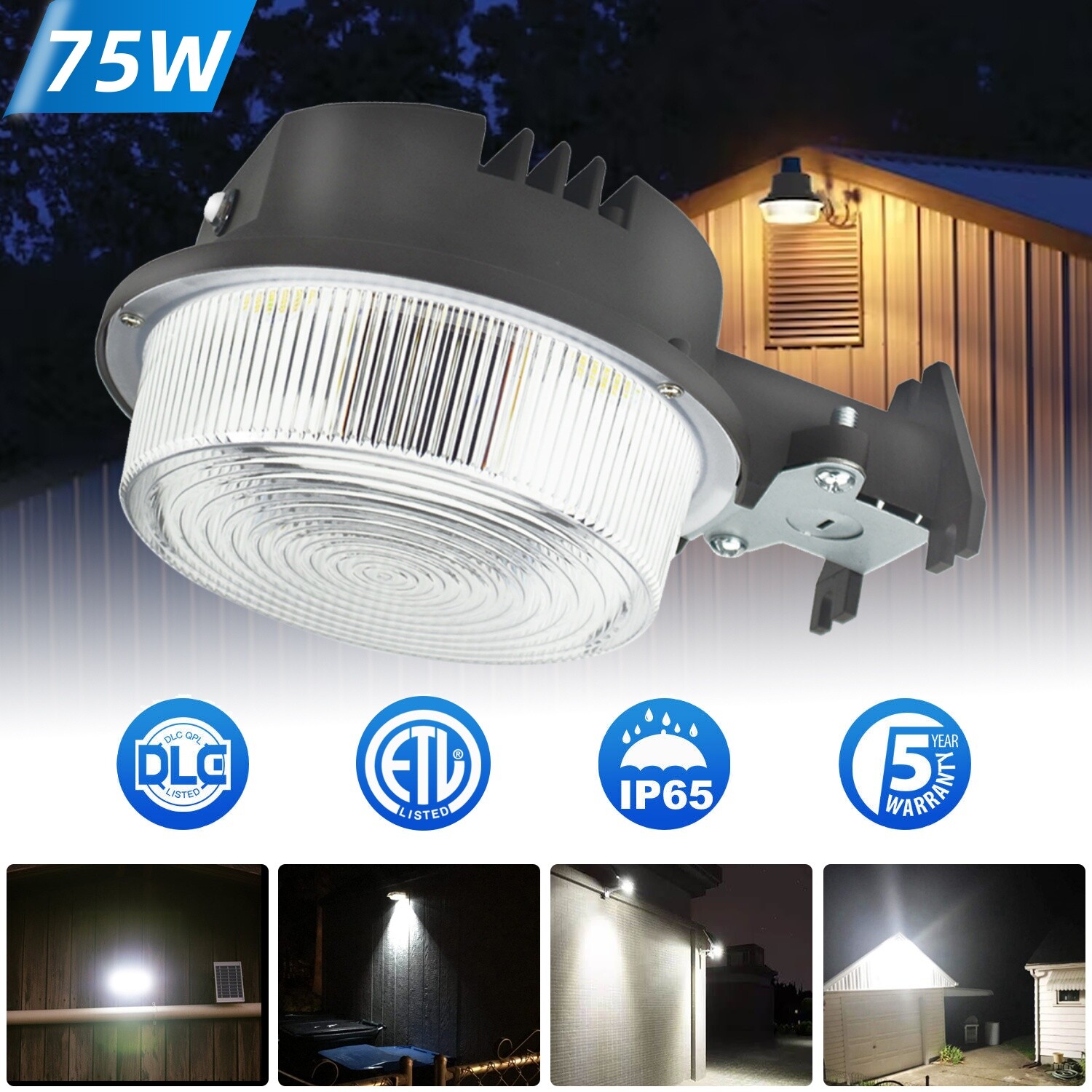 75W Dusk to Dawn LED Outdoor Security Light Photocell IP65 5500K ETL DLC Listed