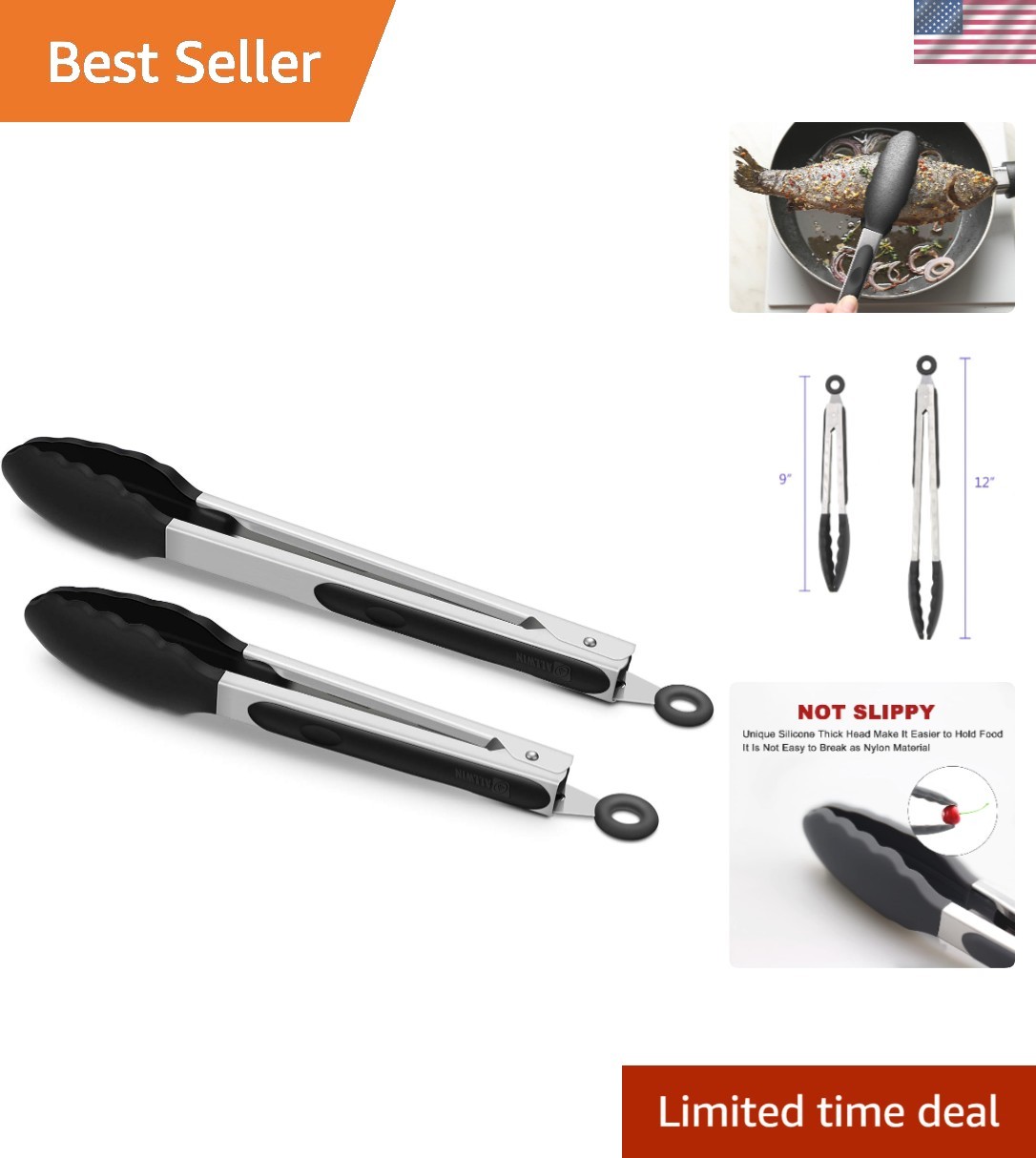 Perfect Control Silicone Tongs 2 Pack - 9 & 12 Inch, Heat Resistant Cooking Need