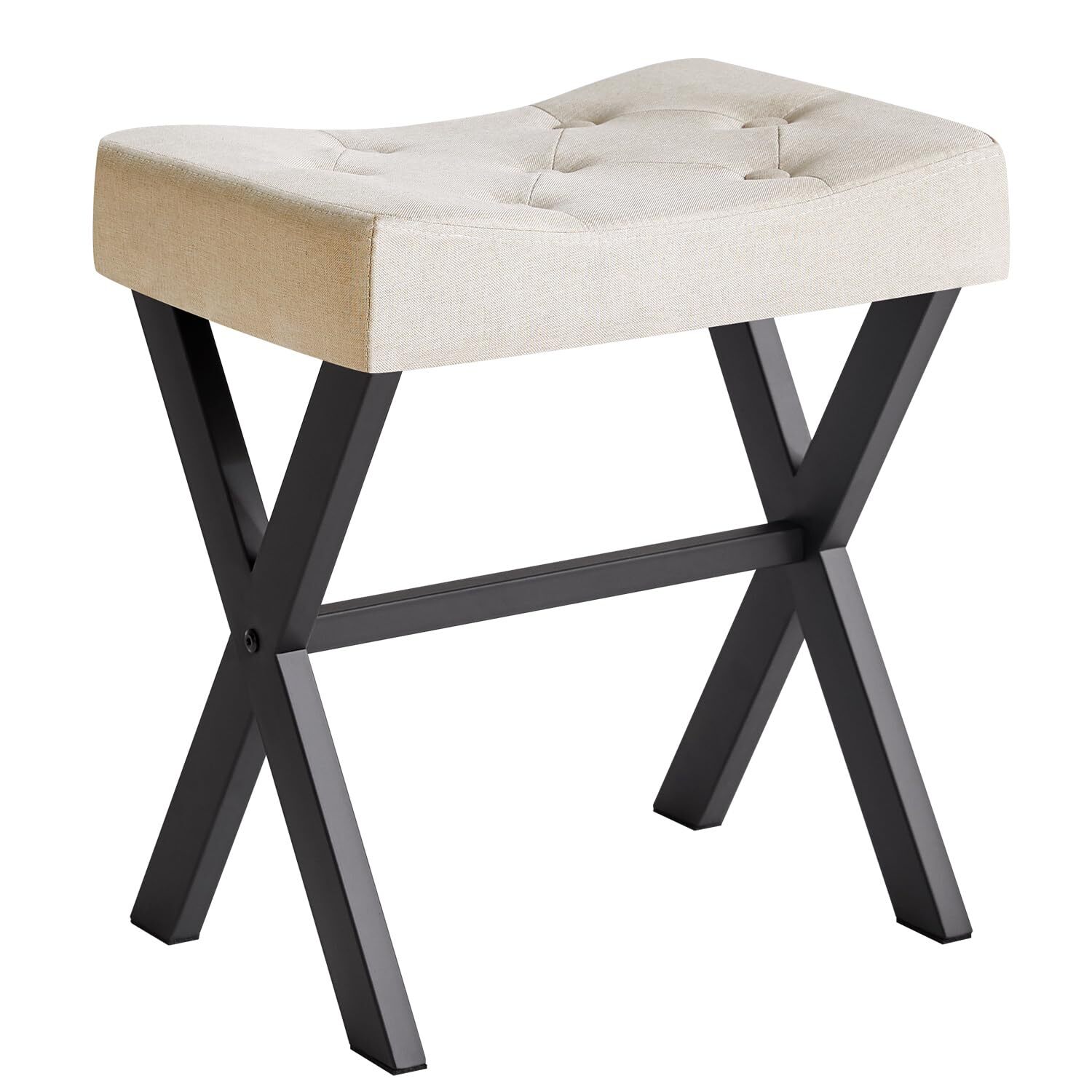 U-Shaped Linen Vanity Stool Square Makeup Chair with X-Leg Ottoman Seat Footr...