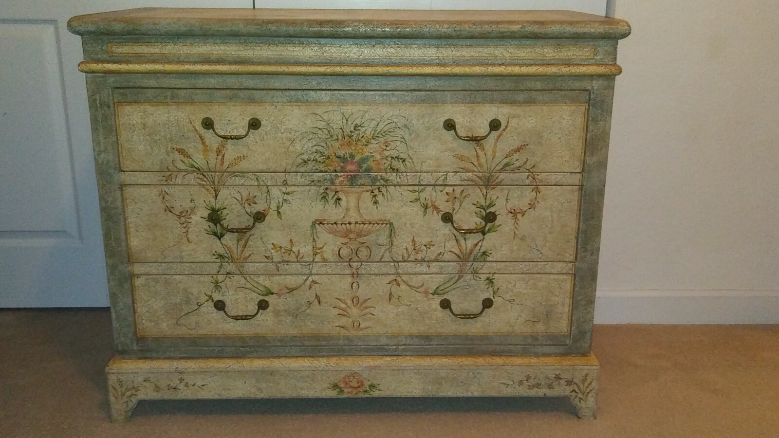 Hand painted three drawer chest floral design heavily antiqued crackled backgrou