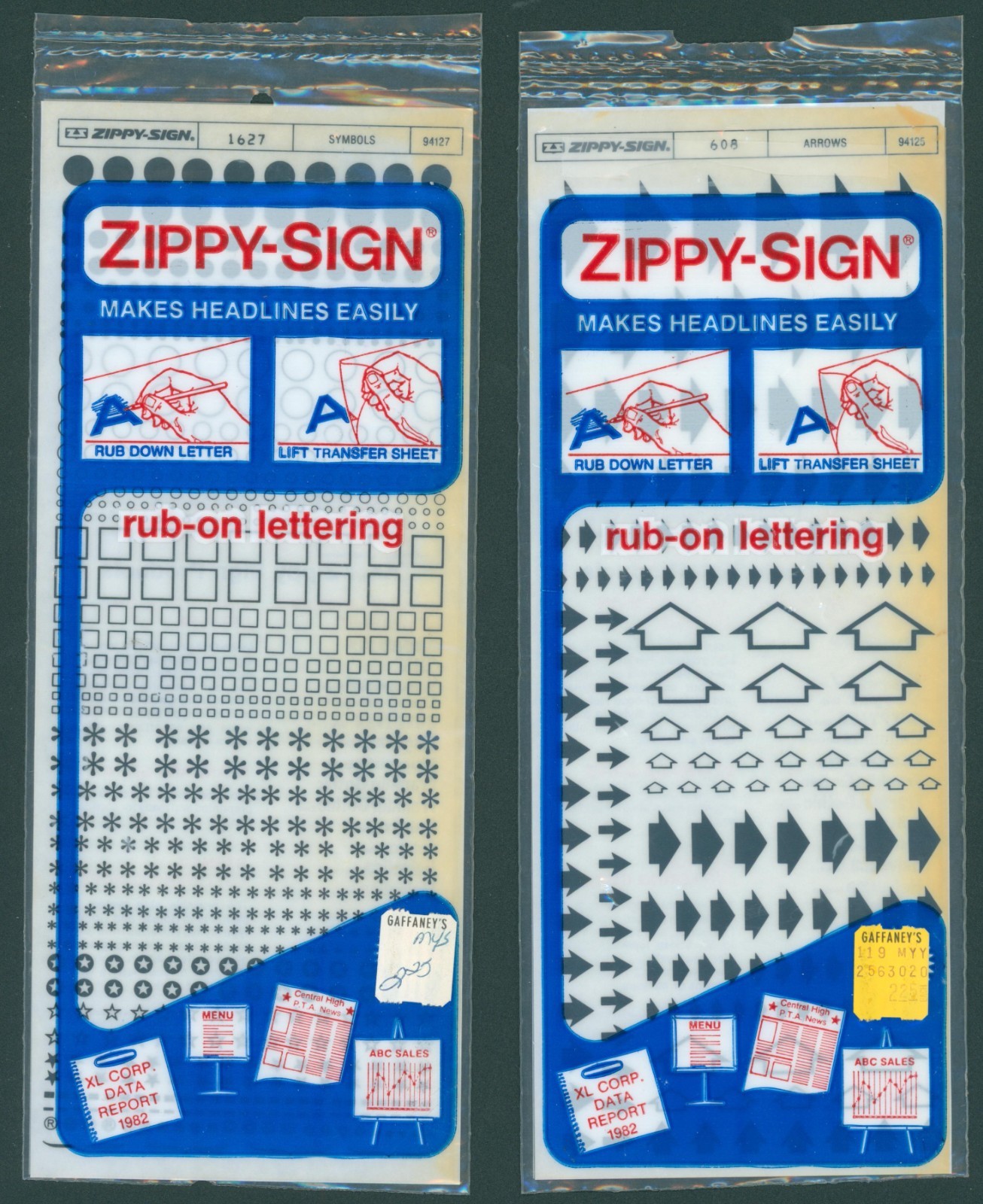 c1980 Zippy Sign Symbols Arrows NOS Rub On Lettering Transfer Sheets Pair Art