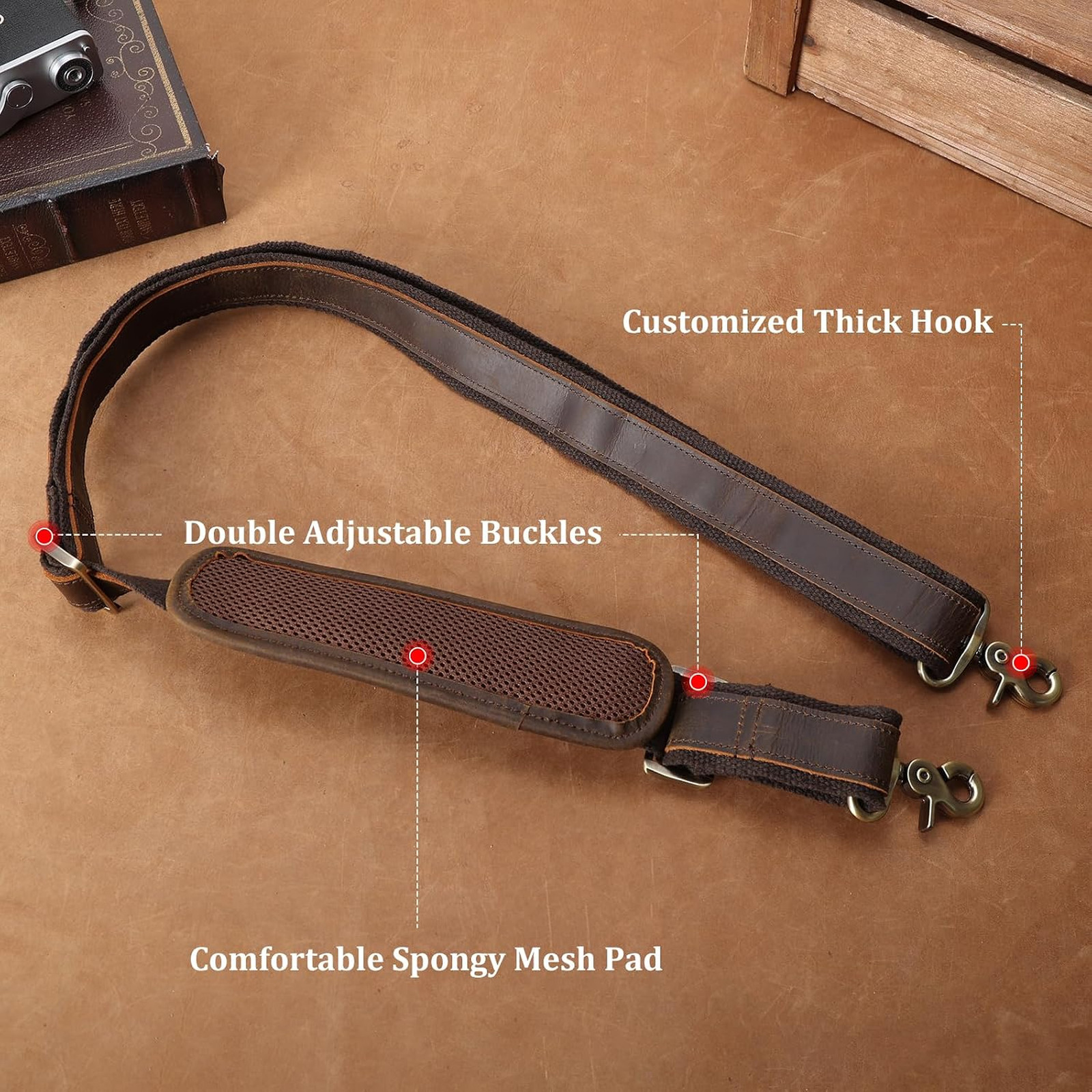 Full Grain Leather Shoulder Strap Adjustable Replacement Bag Strap with Metal