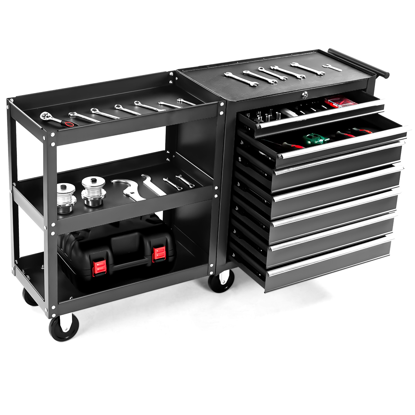 7-Drawer Rolling Tool Chest Tool Box with Lock & Key & Side Shelves & Wheels New
