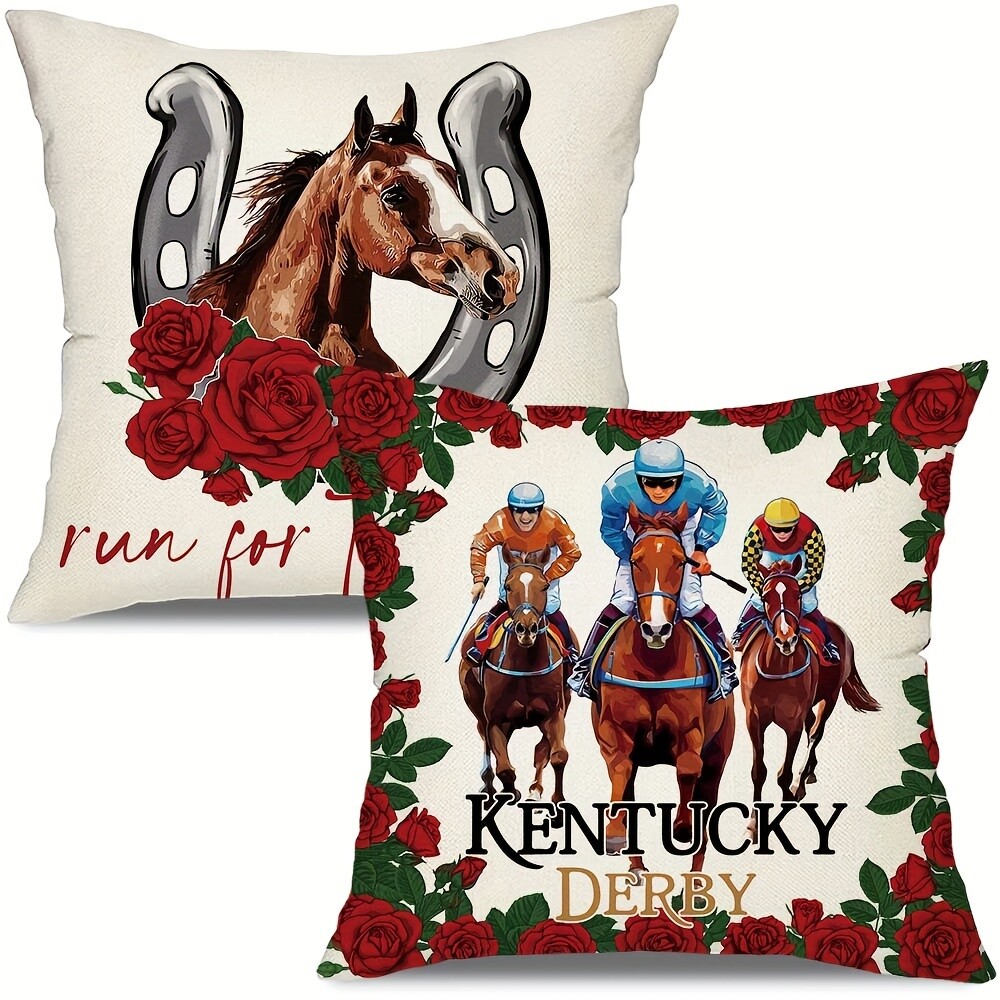 2 PCS Vintage Kentucky Jockey Club Racehorse and Rose Linen Pillow Cover