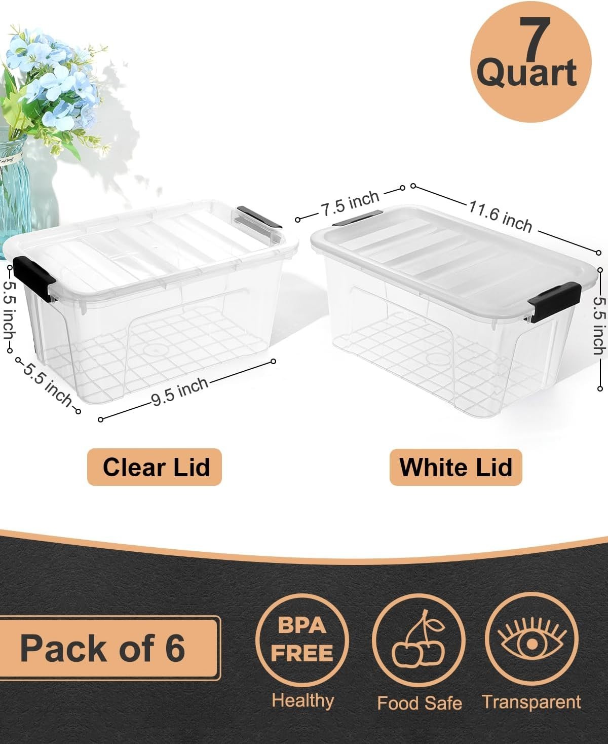 Stackable Plastic Storage Bins with Lids - 6 Pack