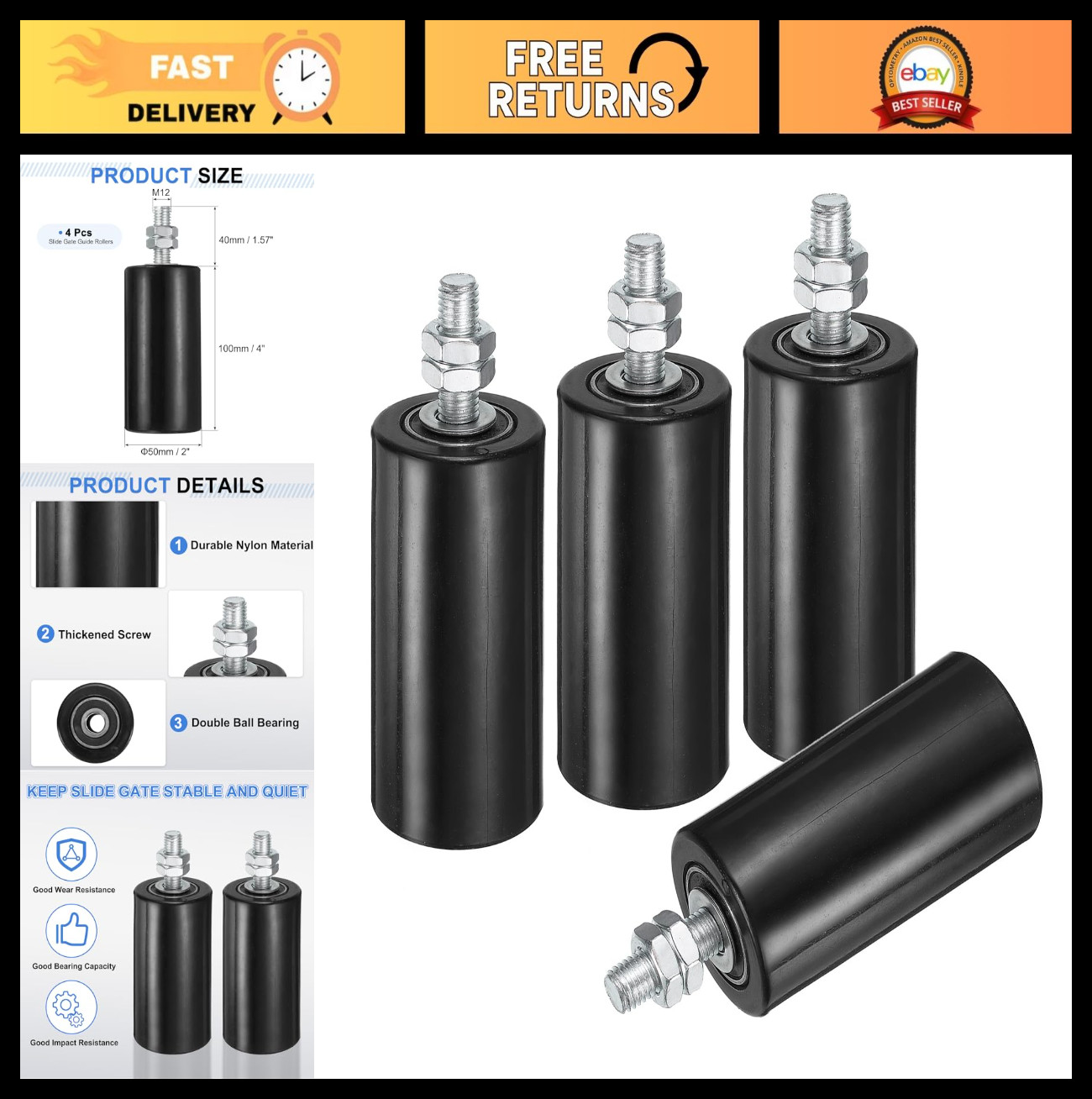 4Pcs 4" Nylon Slide Gate Guide Rollers, Universal Sealed Ball Bearings for Slidi