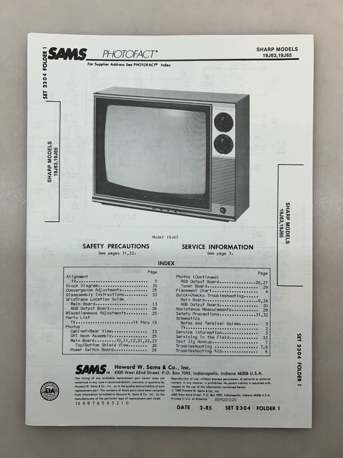 Sharp 19J63 19J65 Service Manual Sams Photofact Free Shipping
