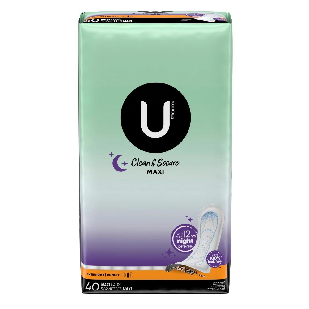 U by Kotex Clean & Secure Overnight Maxi Pads, 40 Count
