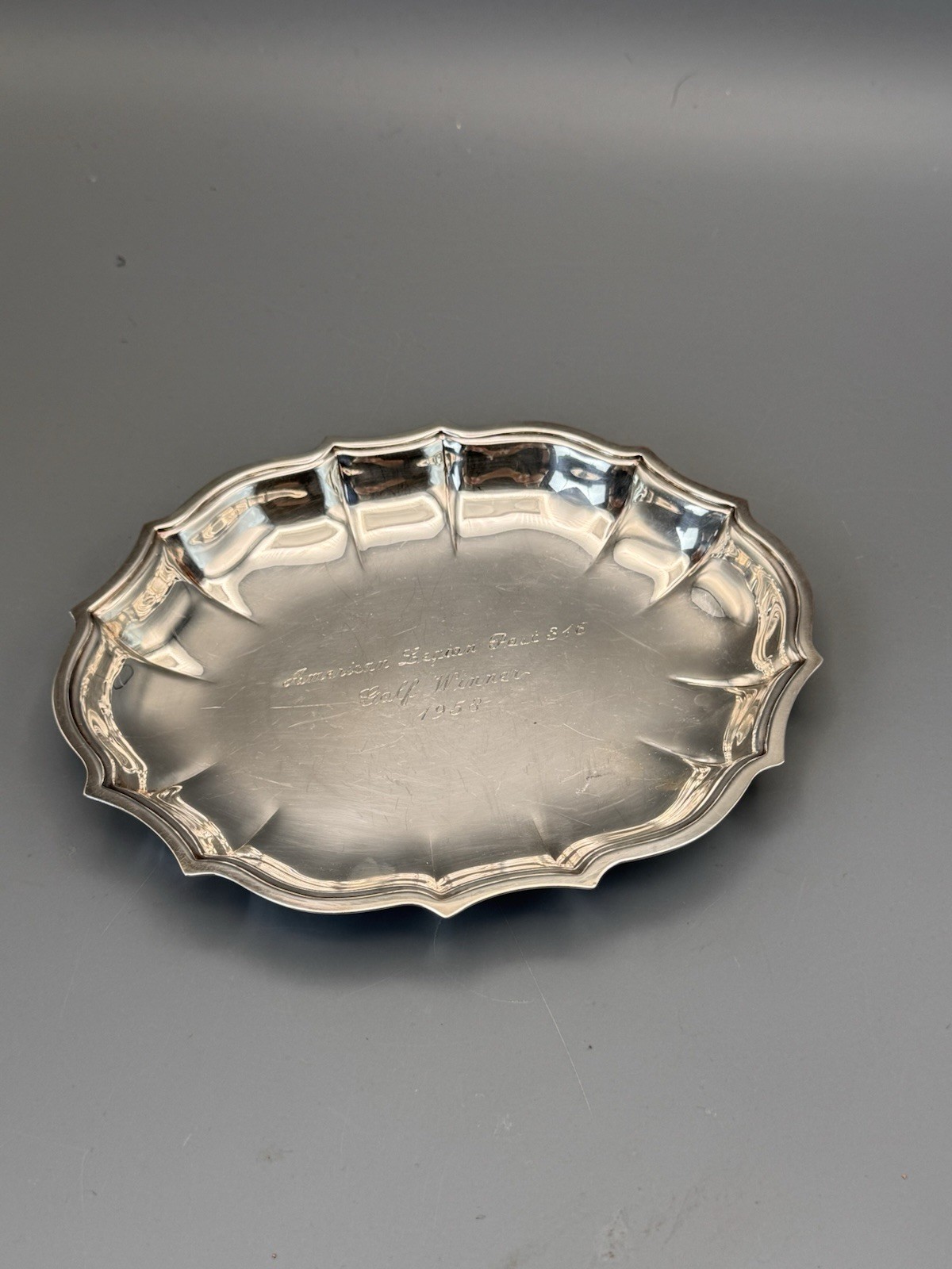 Silverplate Trinket Dish Chippendale Engraved Golf Winner 1958 7” L
