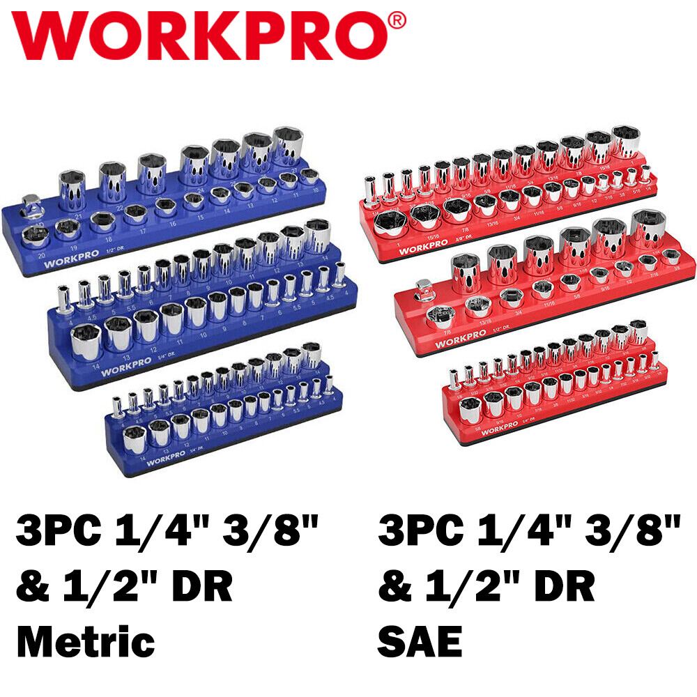WORKPRO 3PCS/6PCS Magnetic Socket Organizer Holder Set 1/4" 3/8" 1/2" SAE/METRIC