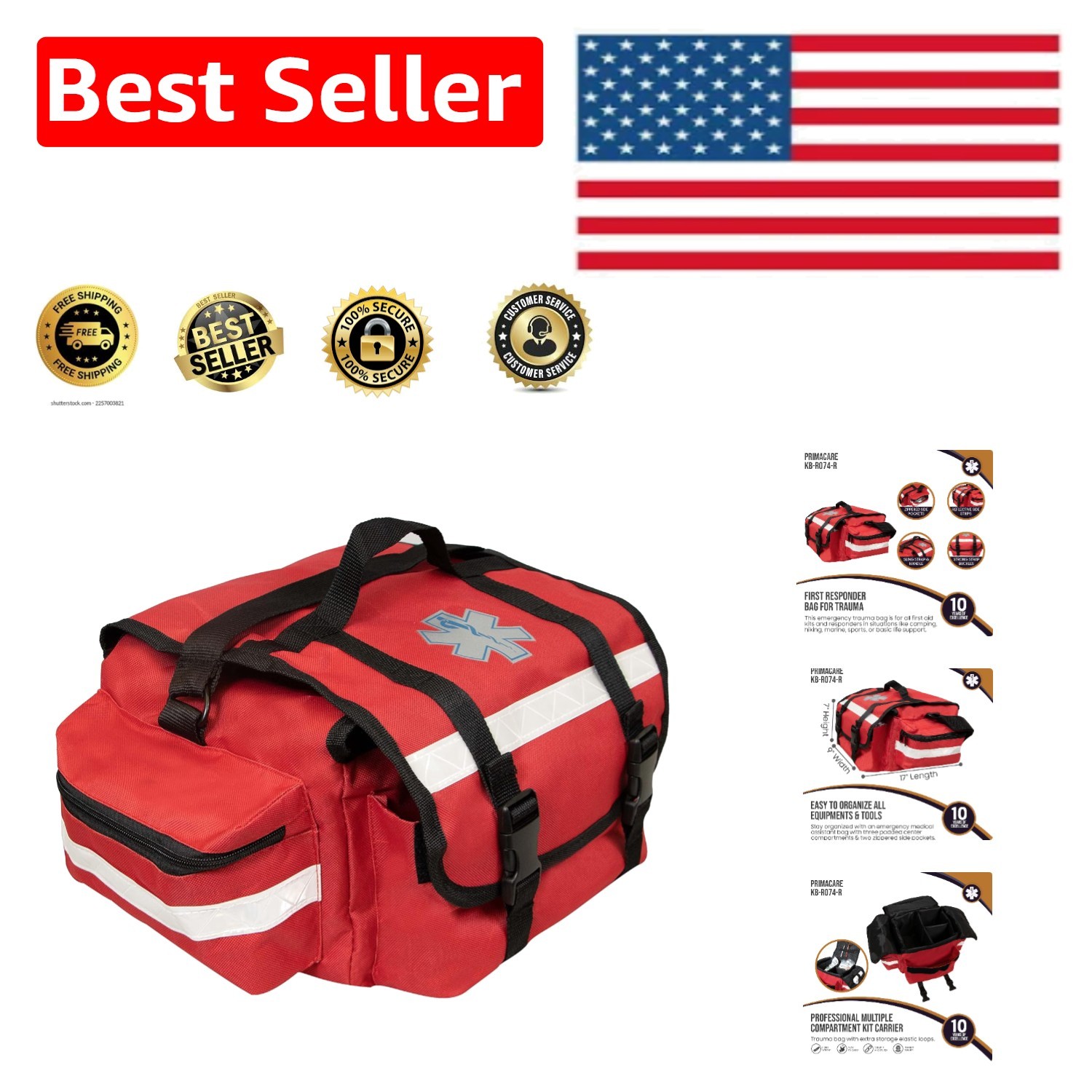 High Visibility Red Trauma Bag for EMT First Responders - 17"x9"x7" Design