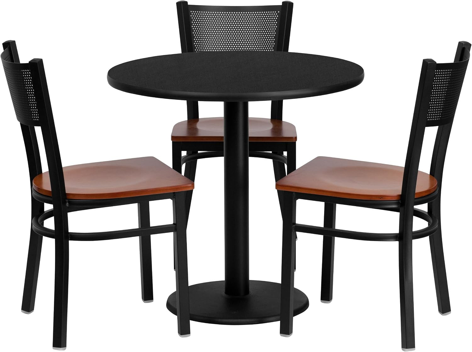 30'' round Black Laminate Table Set with 3 Grid Back Metal Chairs - Cherry Wood