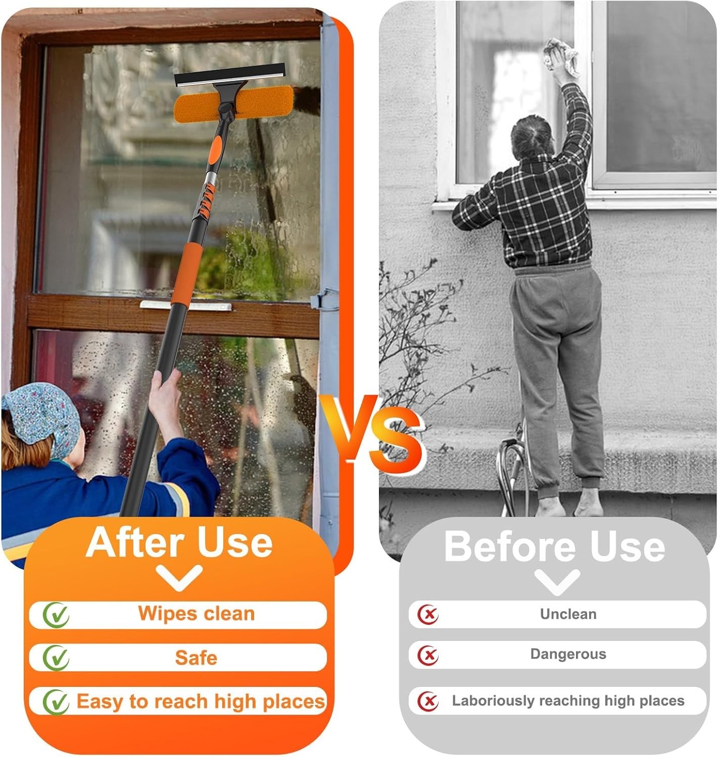 26FT Window Squeegee with Extension Pole, 2-in-1 Squeegee for Window Cleaning...