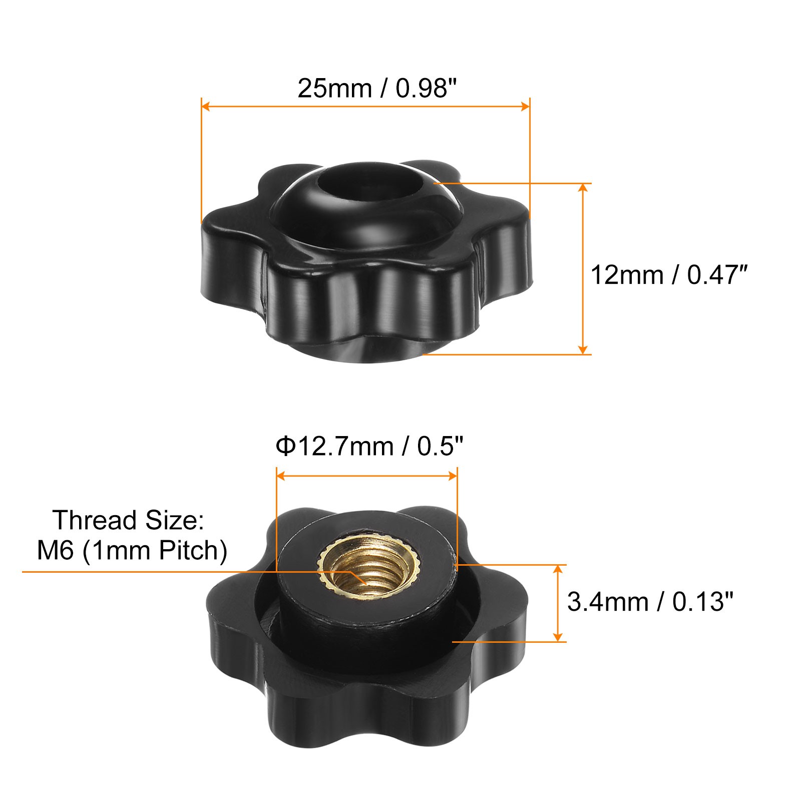6Sets Star Knobs M6 Thread 25mm Head Through Hole Brass Insert Hand Knob Black
