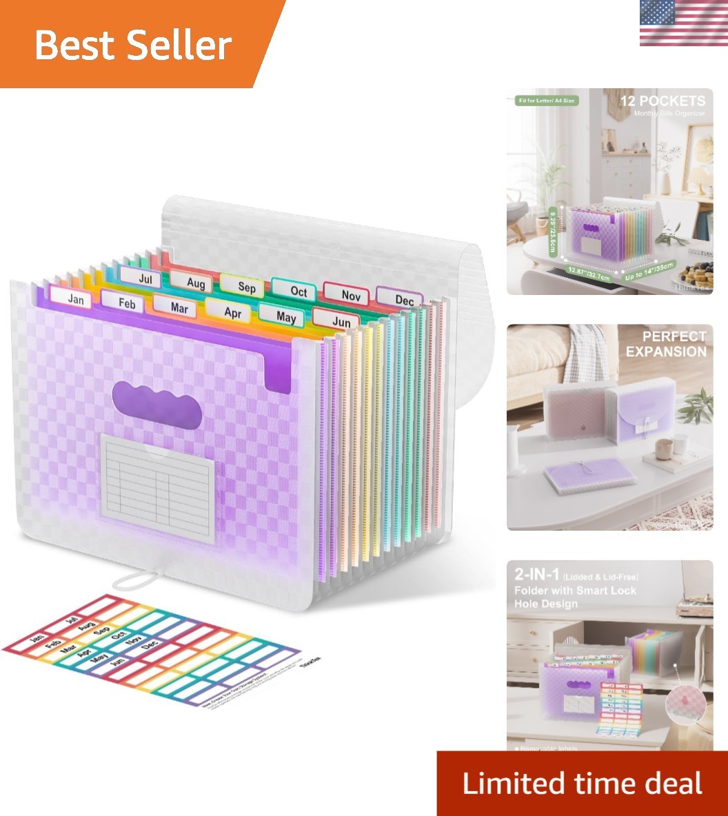 Durable 12-Pocket Accordion Document Organizer - Purple with Smart Lock Feature