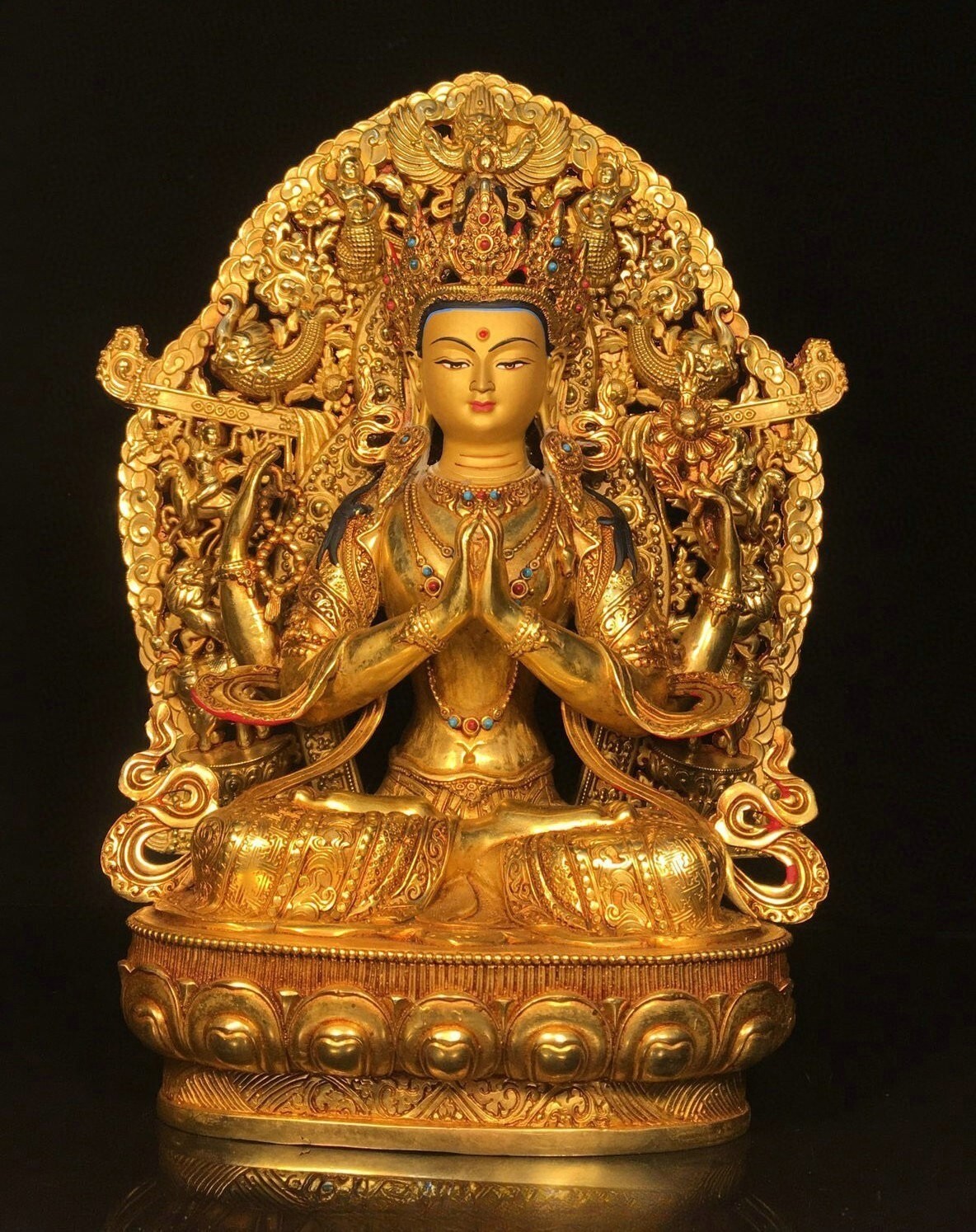 12.9" Old Dynasty Pure Bronze Gilt Painting 4 Arms Hand Chenrezig Buddha Statue