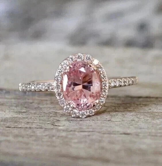 3 Ct Oval Cut Lab Created Pink Diamond Wedding Halo Ring 14K White Gold Plated