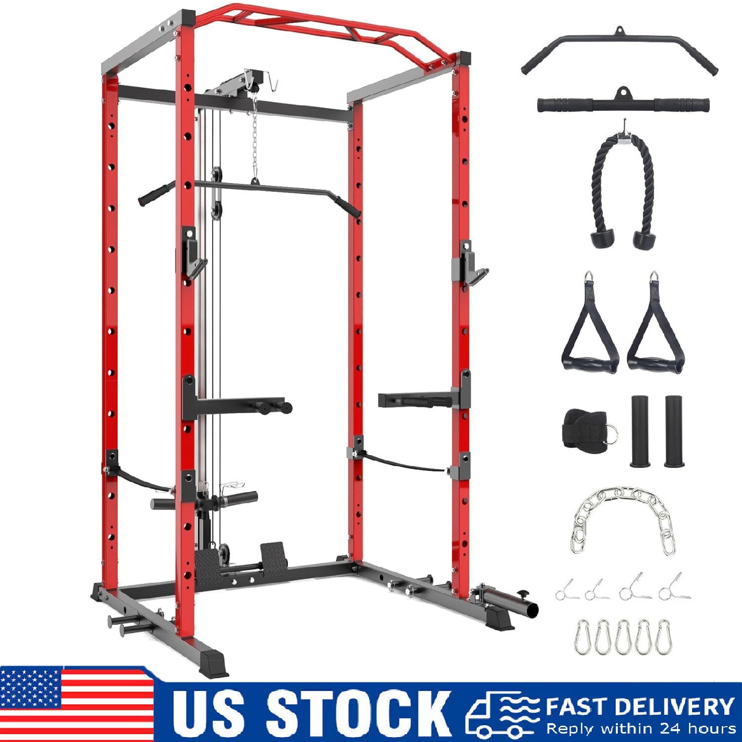 Power Cage, 1600LBS Multi-Functional Power Rack w/LAT Pulldown Workout Home Gym