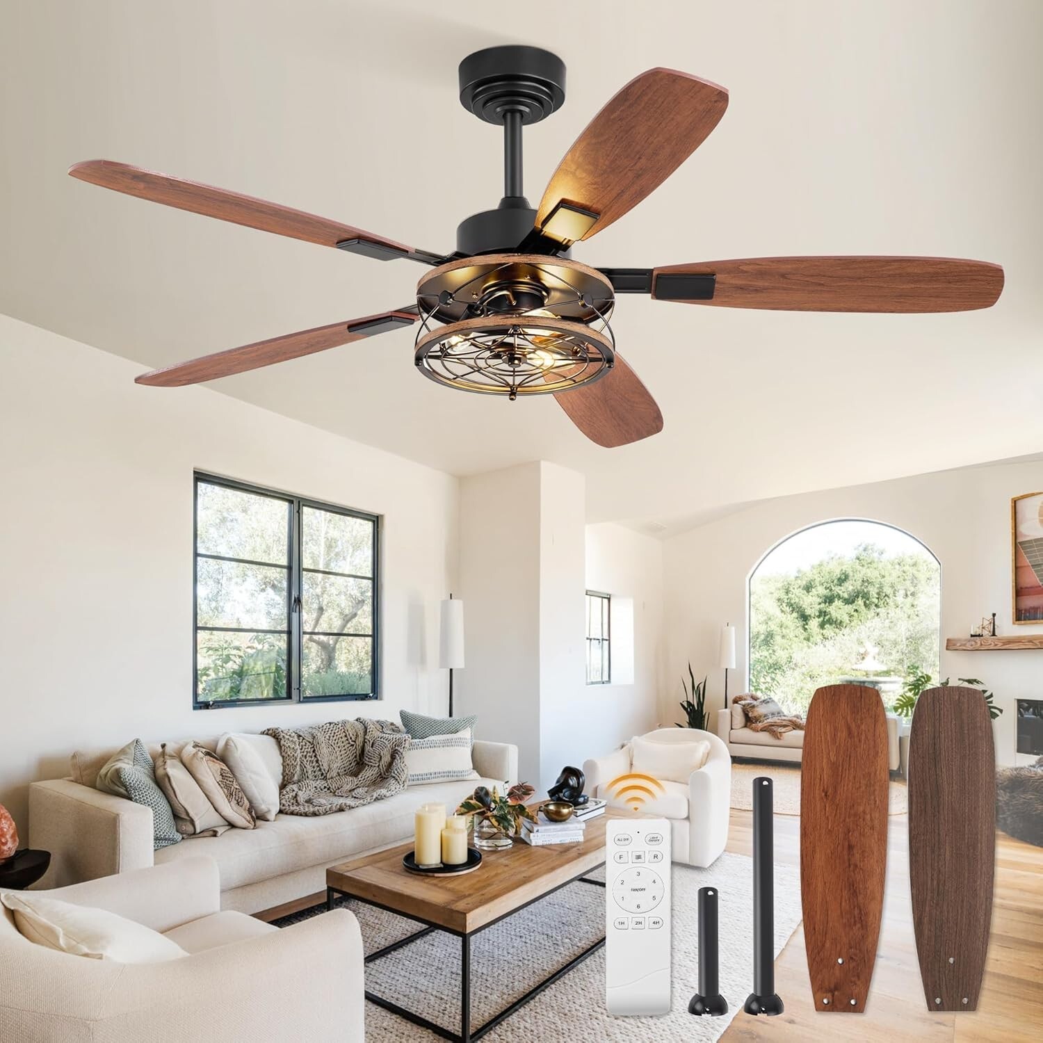 52" Farmhouse Ceiling Fan with Light Remote Black Industrial Caged 6 Speed