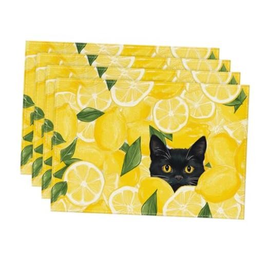 Lemon Cat Summer Placemats Set of 4, 12x18 12" x 18", Rectangular 4 Pcs Yellow