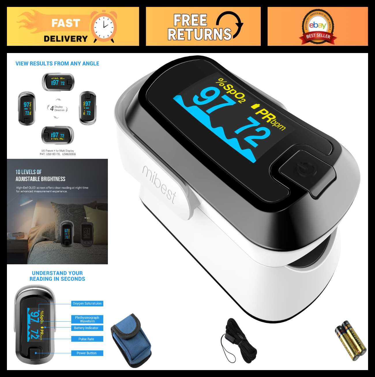 OLED Finger Pulse Oximeter, Dual Color O2 Meter, Accurate Blood Oxygen Monitor