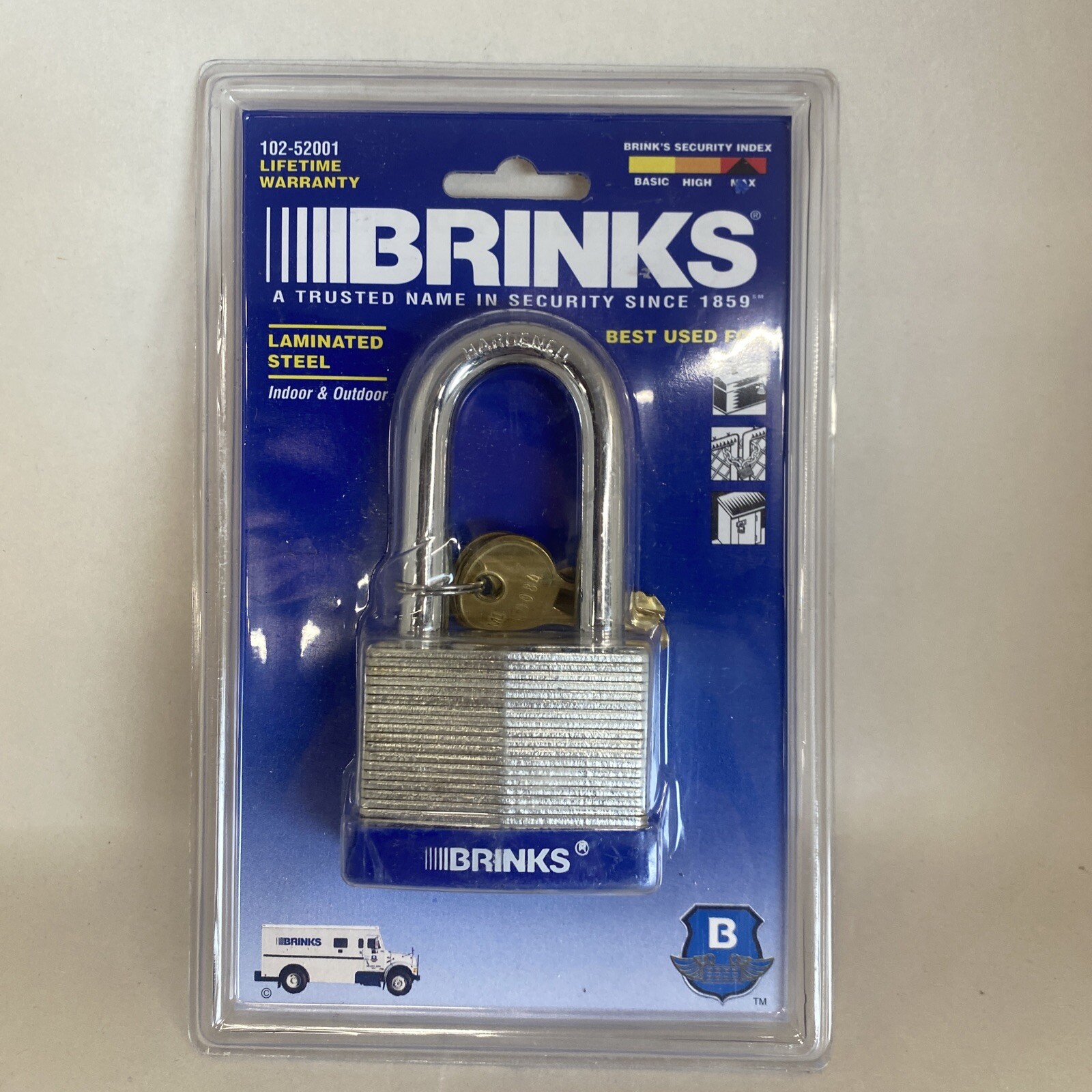 BRINKS Max Lock Padlock & 2 Keys, #102-52001 Hardened Steel 2" Shackle 50MM