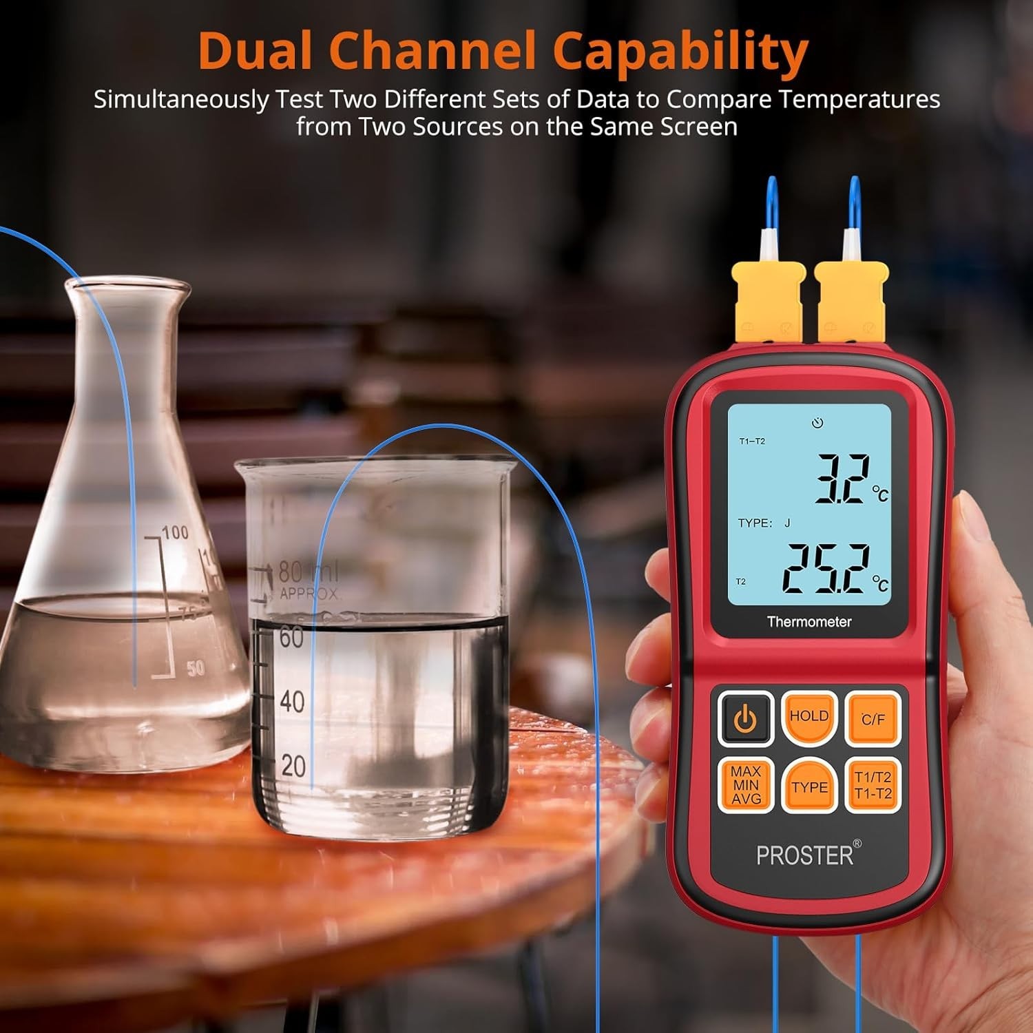 Digital Thermometer with Dual K Type Probes, High Temp Meter, LCD Display
