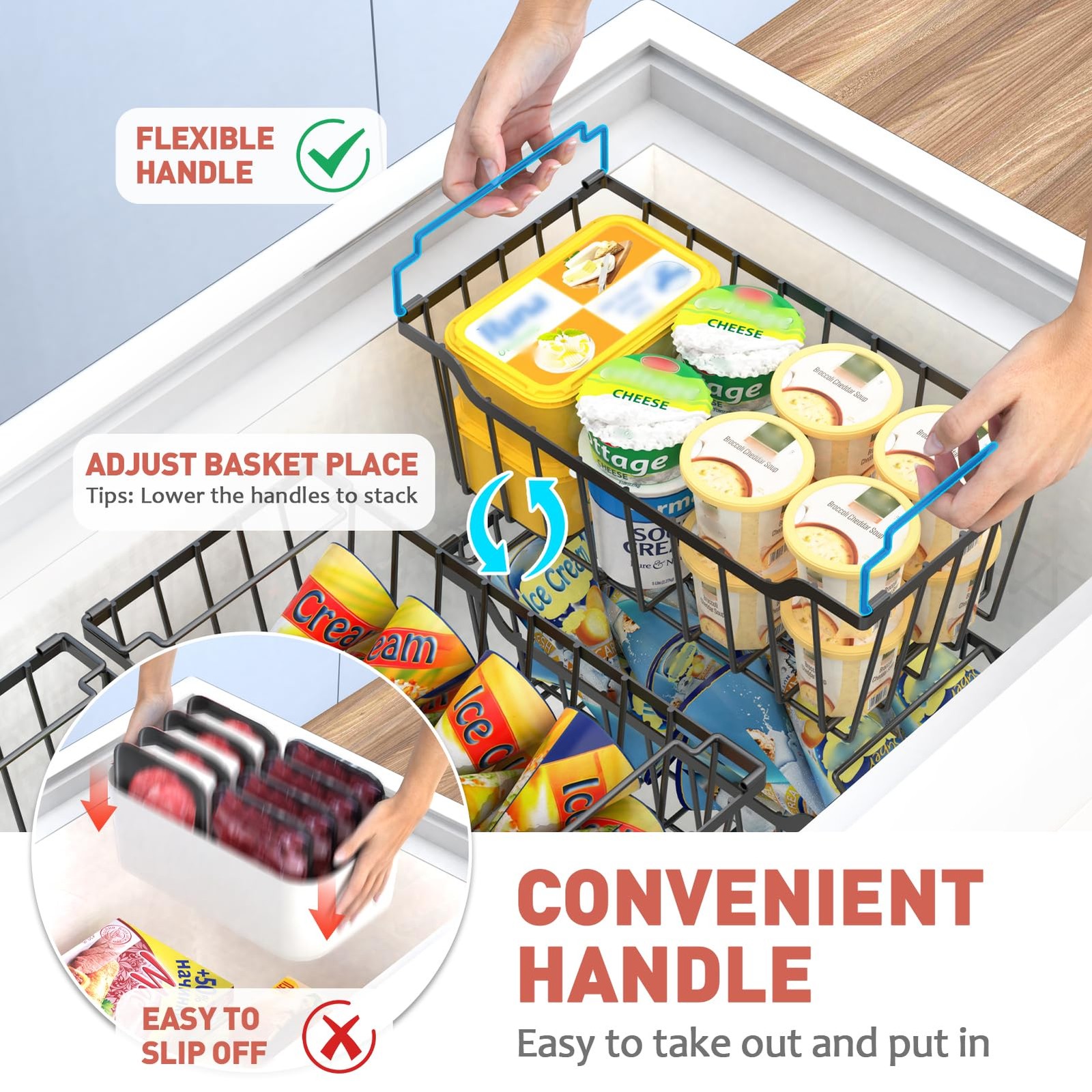 Freezer Organizer Bins with Foldable Handle, 4 Pack Stackable Freezer Baskets...