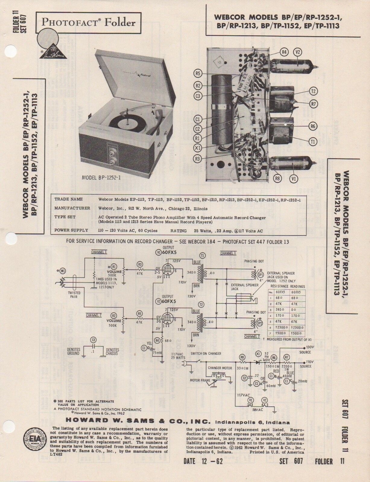 1962 WEBCOR BP/EP/RP-1252-1 PHONOGRAPH AMP SERVICE MANUAL BP/RP-1213 BP/TP-1152