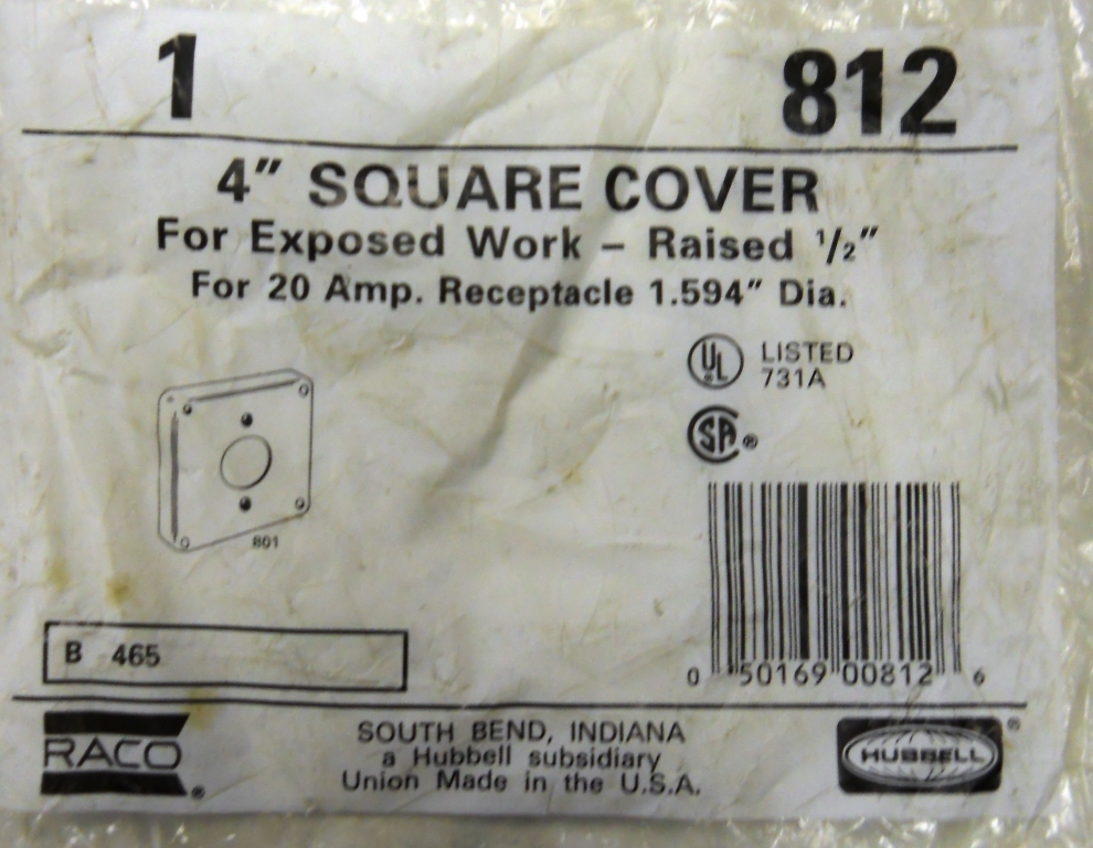 HUBBELL, 812, 4" SQUARE COVER RAISED 1/2" FOR 20 AMP. RECEPTACLE COVER, LOT OF 2