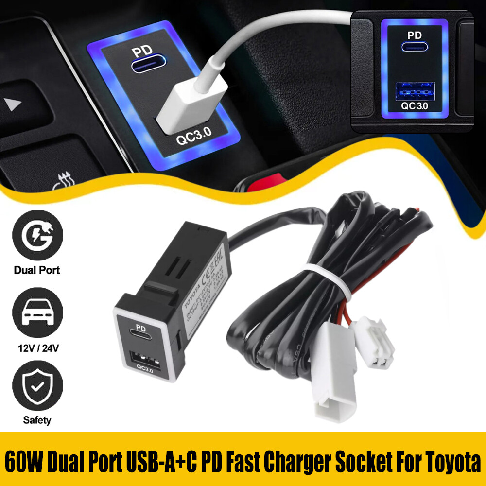60W QC3.0 USB-C Fast Car Charger USB-A &PD Type-C USB Ports For Toyota COROLLA