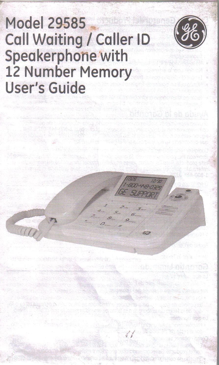 Owner's Manual/Use Care Guide GE Model 29585 Call Waiting Caller ID Telephone