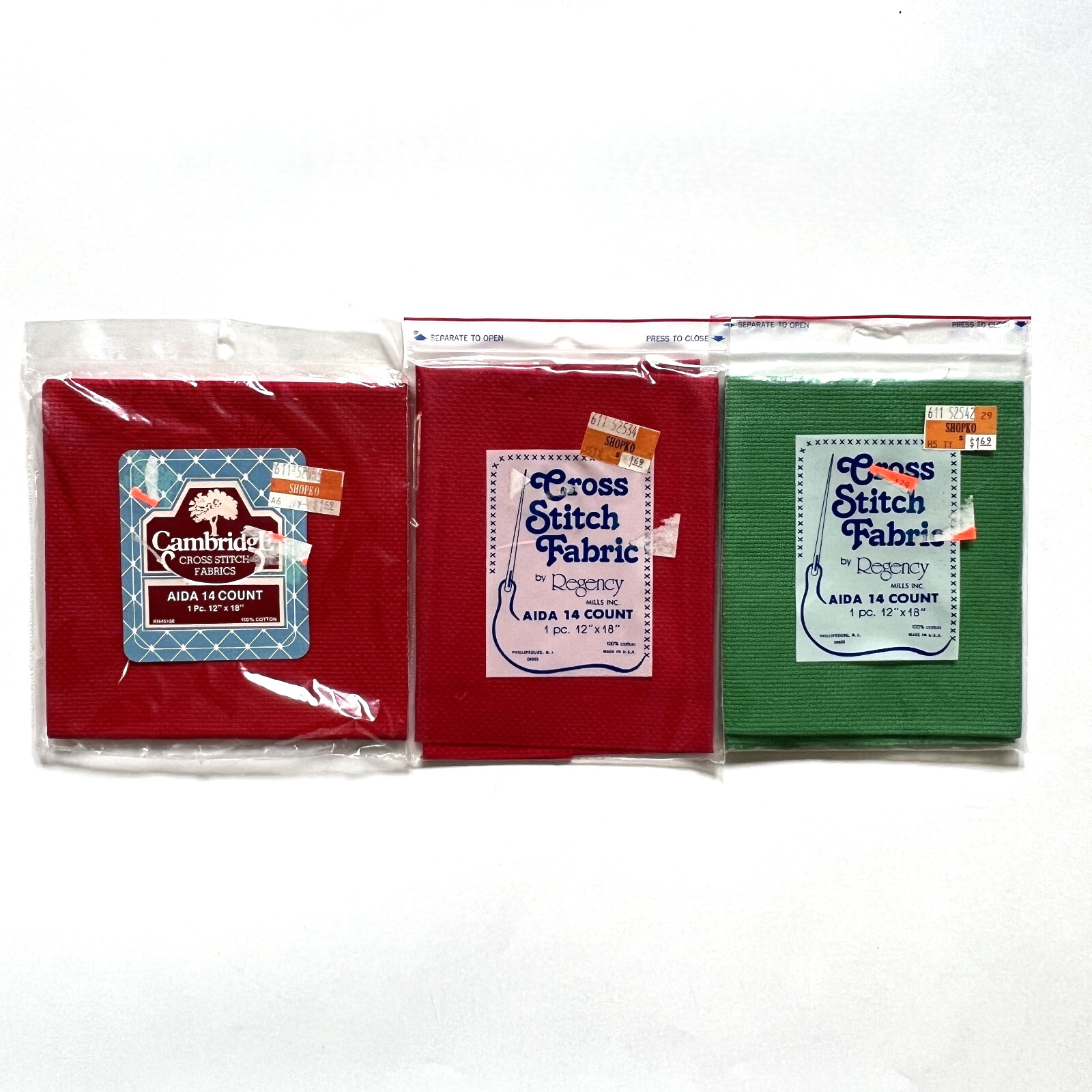 3 Cross Stitch Fabric Aida 14 Count 12" x 18" Cambridge Regency NOS 2 Red 1Green