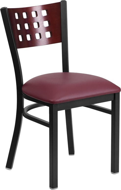 10 PACK Cutout Back Metal Restaurant Chair with Mahogany Wood & Burgundy Vinyl