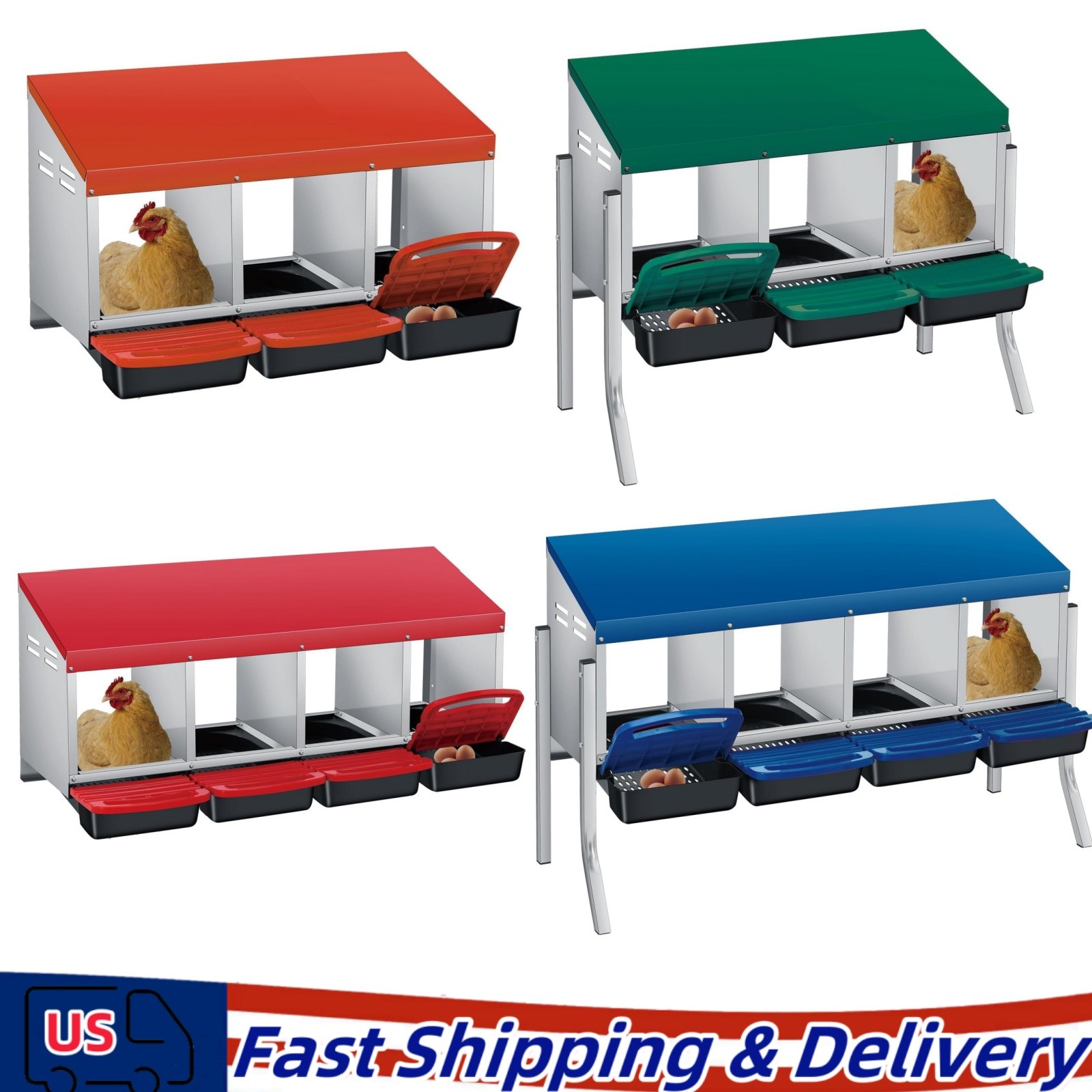 3/4 Holes Chicken Nesting Box Metal Hen Coop with Roll Away Lay Egg Nesting Box