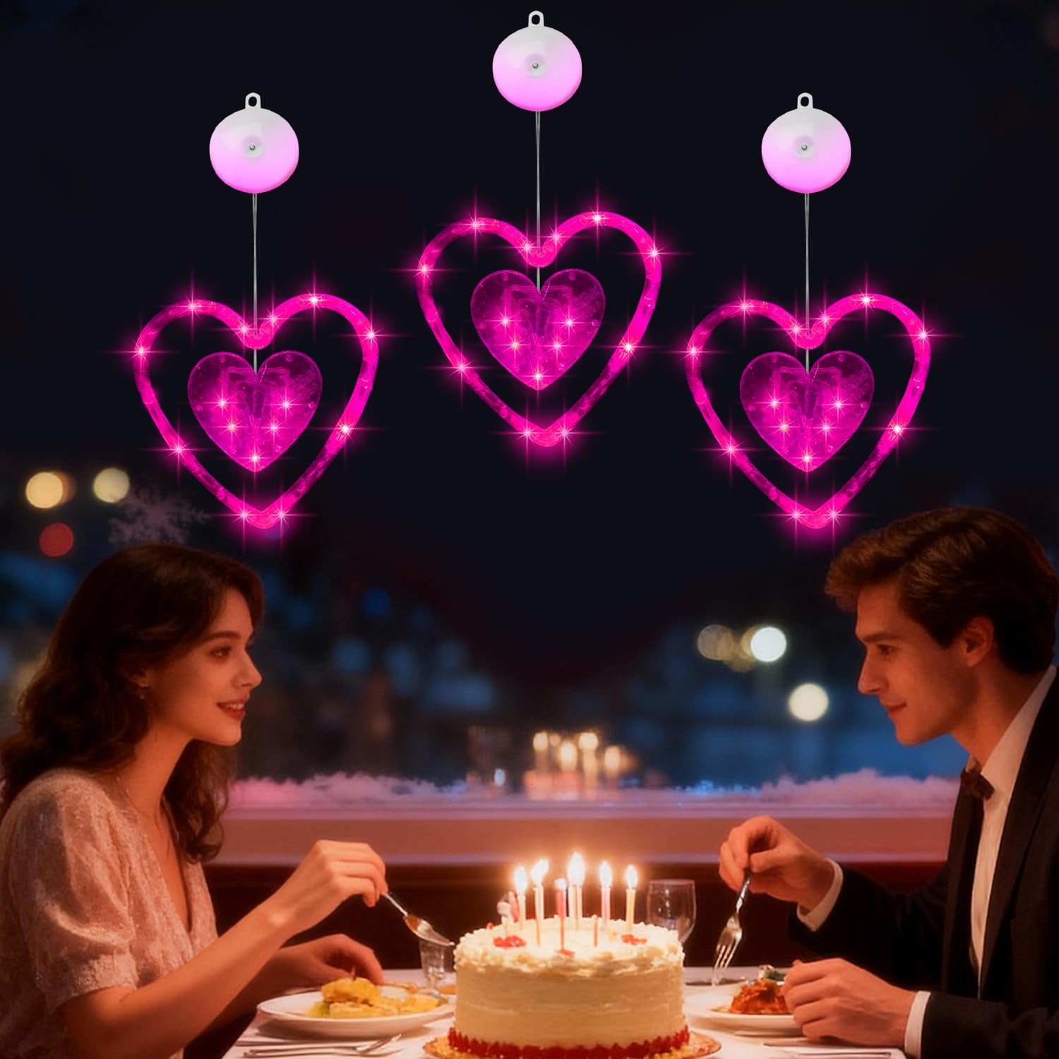 Artmag 3 Pcs Valentines Day Window Lights Decorations with Timer, Double Pink