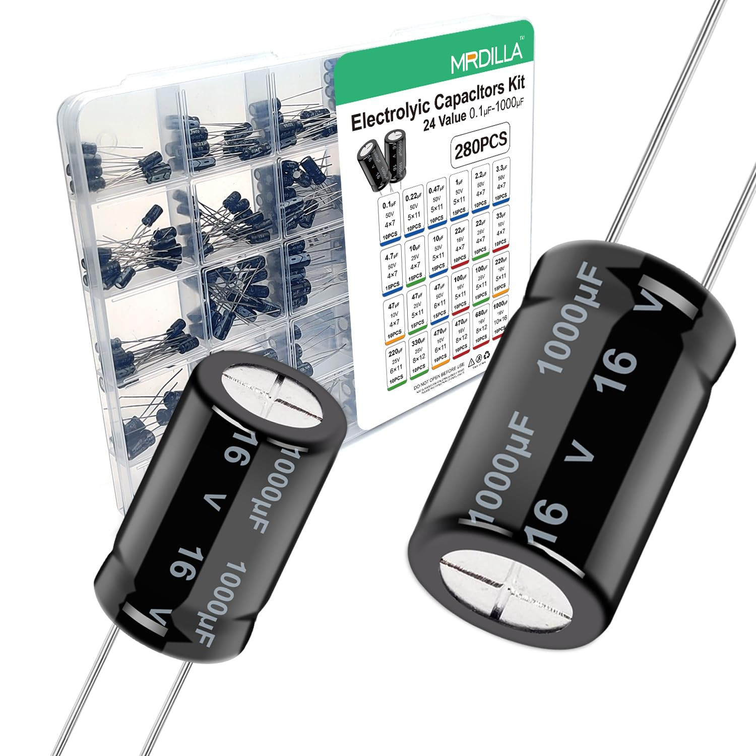 280 Pcs 24 Values Electrolytic Capacitor Assortment Box Kit(0.1Uf - 1000Uf),Dire