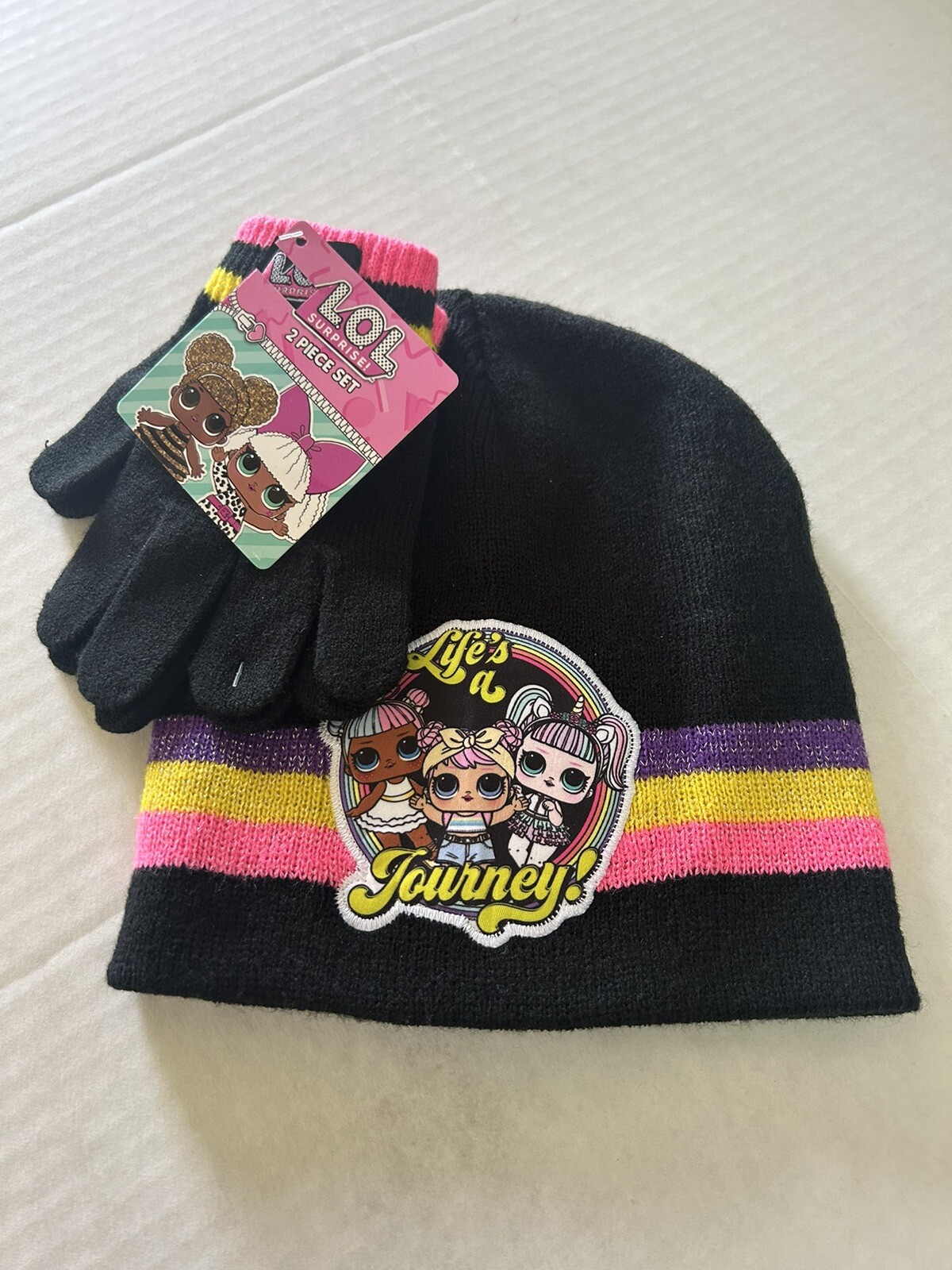 LOL Surprise Dolls Knit Hat Beanie & Glove Set Kids New Unisex Black Pink BxX