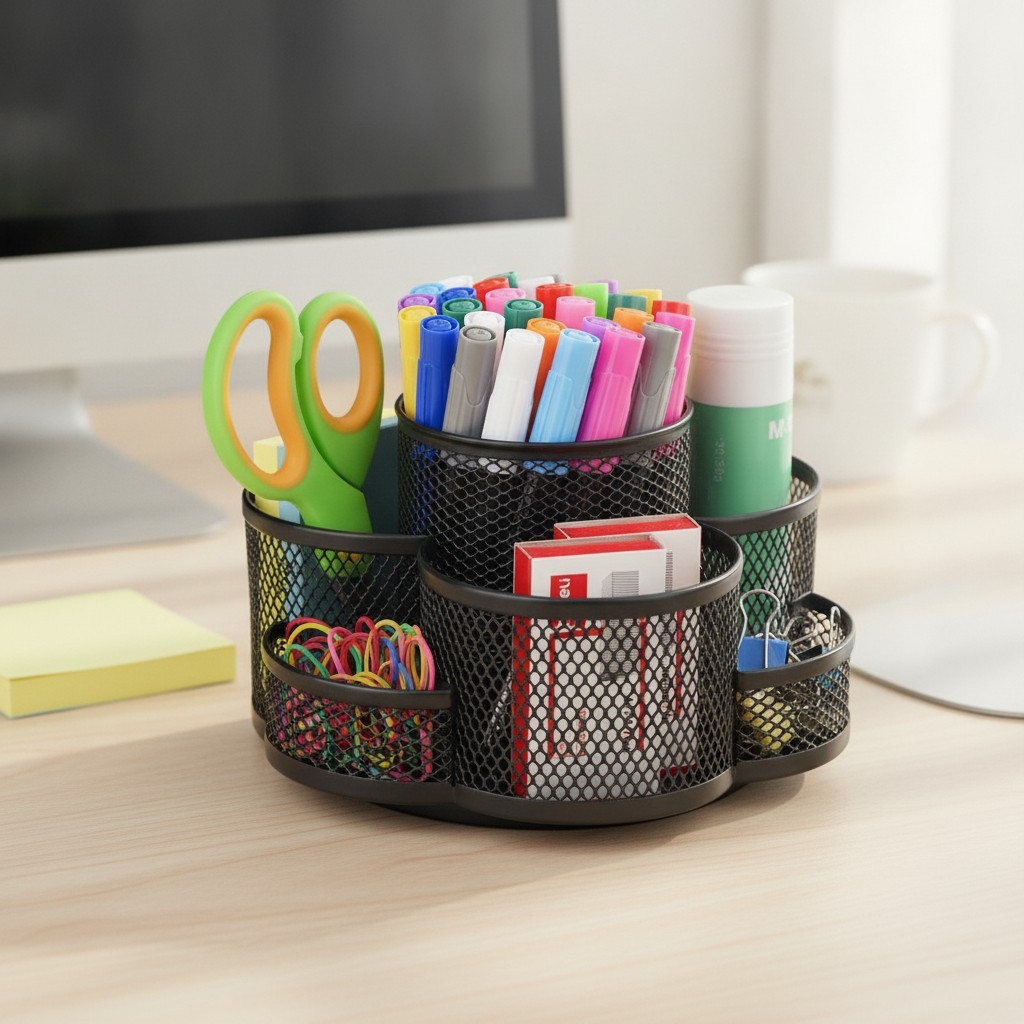 Multi-Functional 7-Compartment 360 Rotating Desk Holder - Black Metal Design