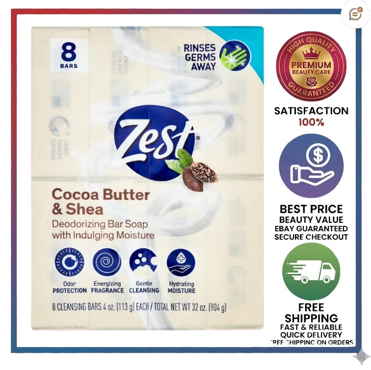 Zest Cocoa Butter & Shea Bar Soap, for All Skin Types, 4 oz, 8 Bars