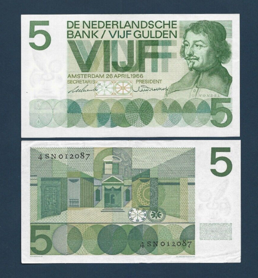 NETHERLANDS 5 GULDEN P-90 1966 x 1 Pcs PRE EURO EUROPEAN MONEY BILL DUTCH NOTE