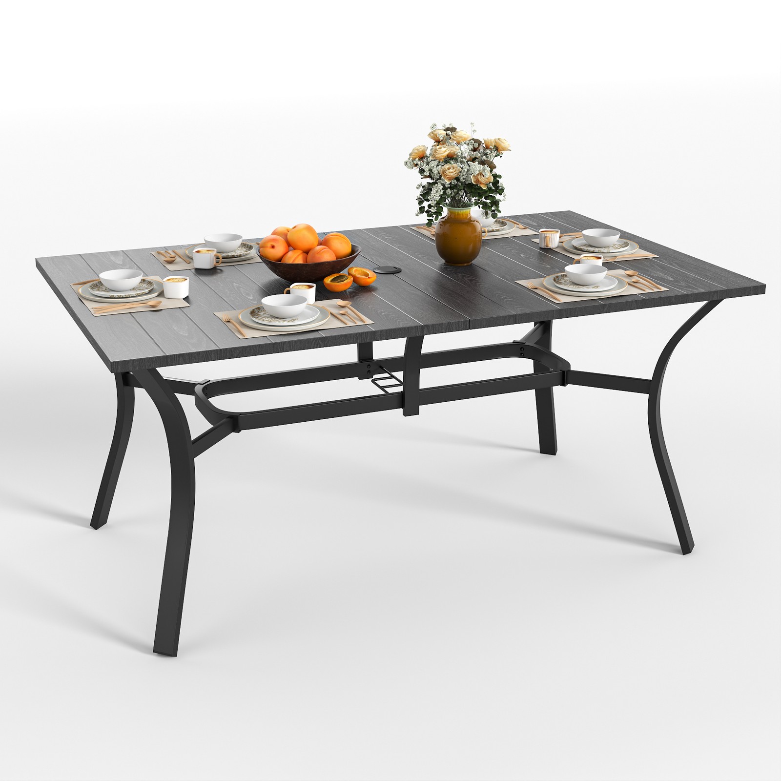 63"x37.8" Rectangular Patio Dining Table Wood Grain Metal Table Black Balcony US
