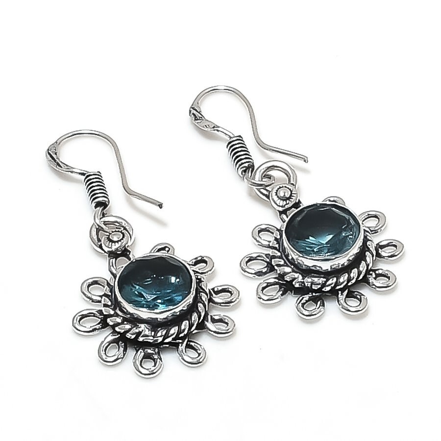 London Blue Topaz Gemstone Handmade 925 Sterling Silver Jewelry Earrings Sz 1.65